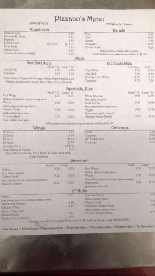 Pizzanos Pizza & Subs menu in Avoca, Pennsylvania, USA