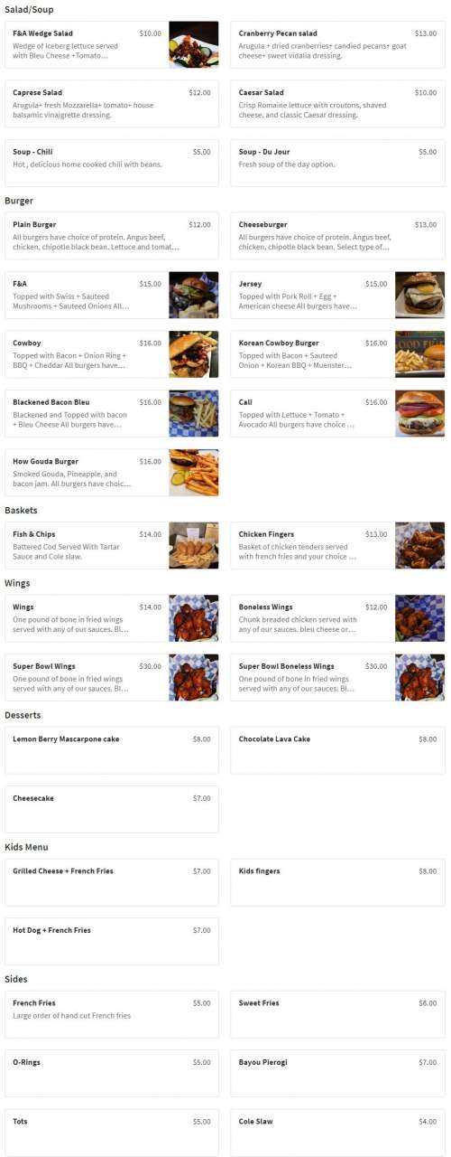 F&A Grog House menu in Bethlehem, Pennsylvania, USA