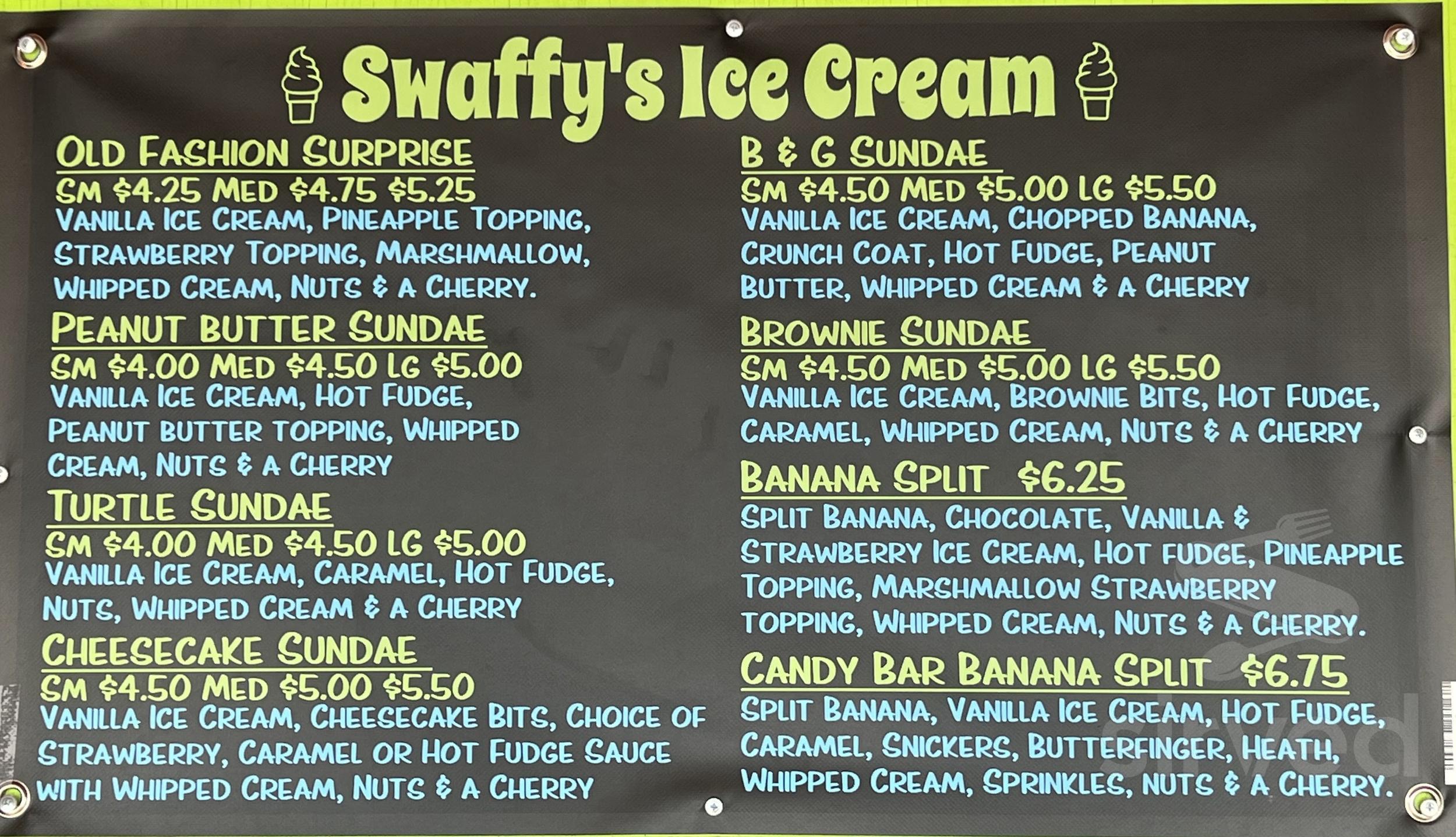 Swaffy's Ice Cream menu in Monroe, Ohio, USA