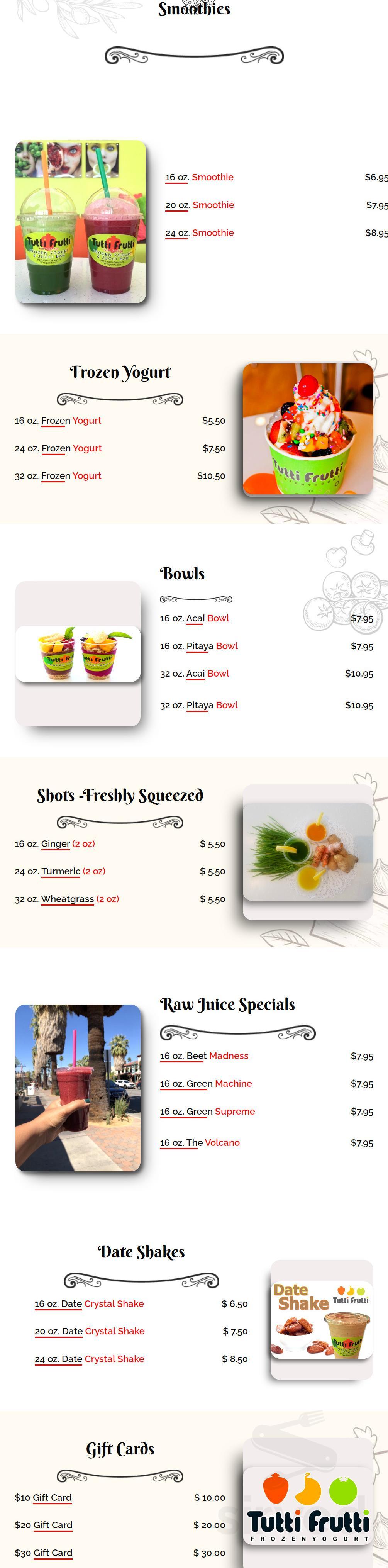 Tutti Frutti Palm Springs Frozen Yogurt and Juice Bar menu in Palm