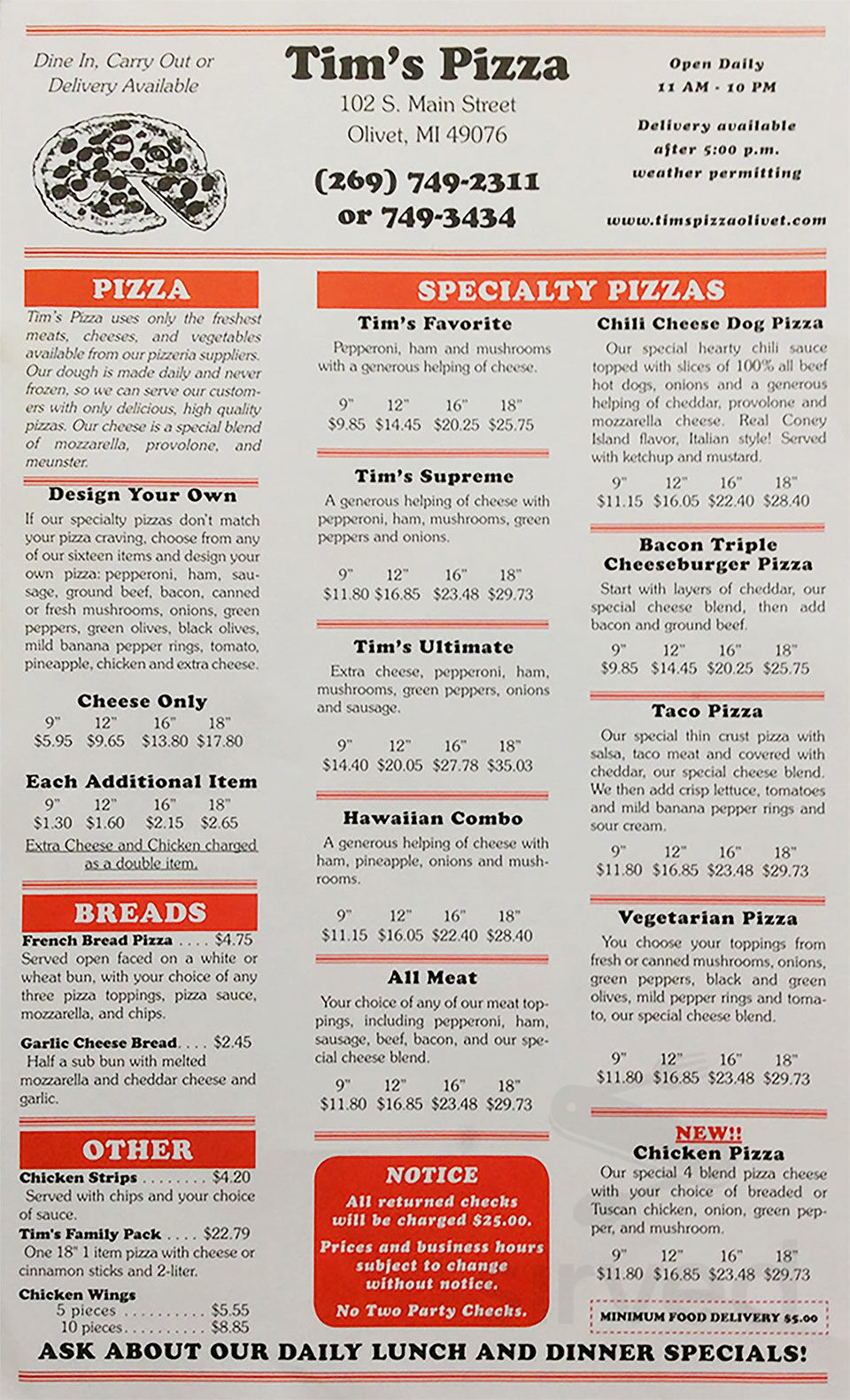 Tim's Pizza menu in Olivet, Michigan, USA