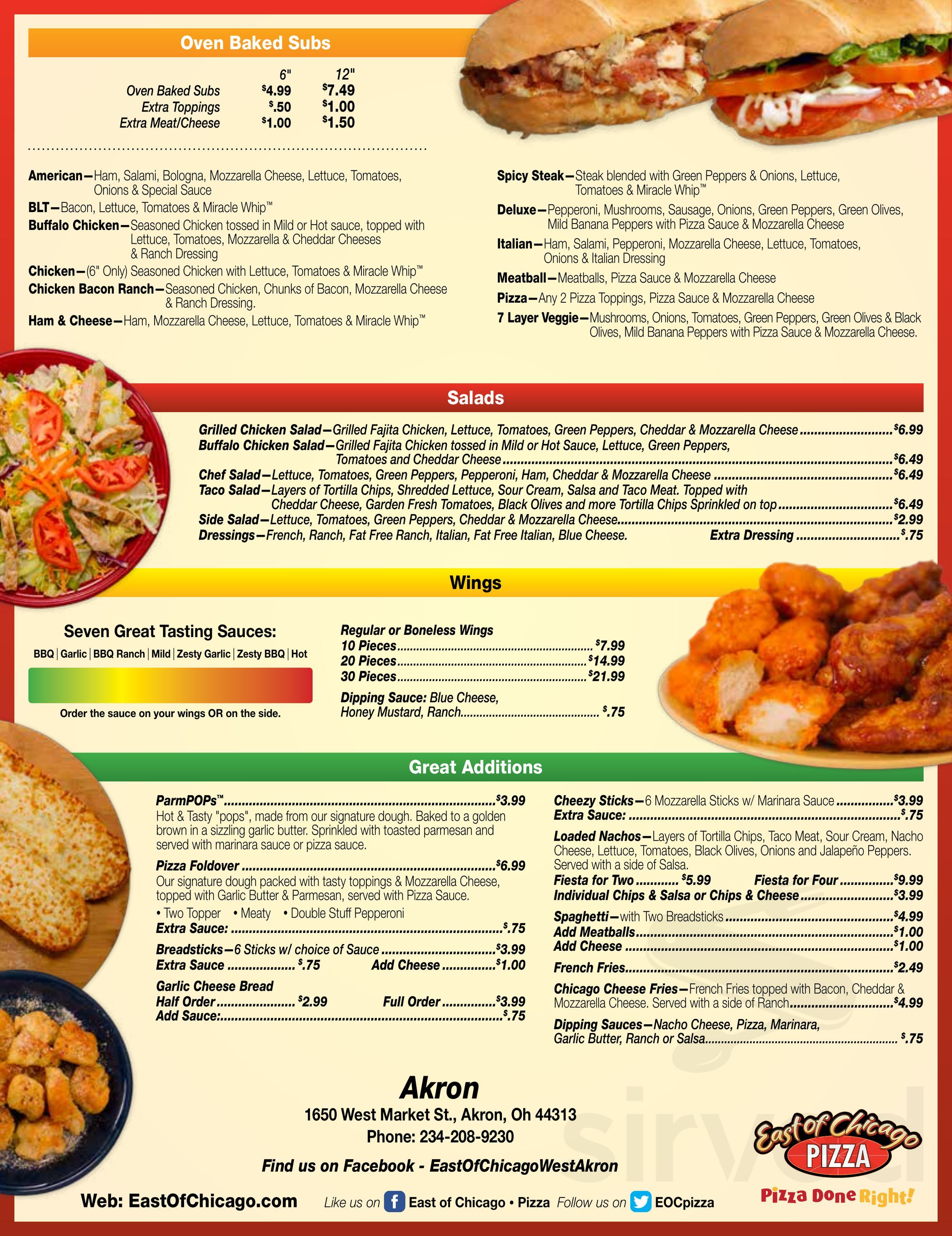 East Of Chicago Pizza Menu