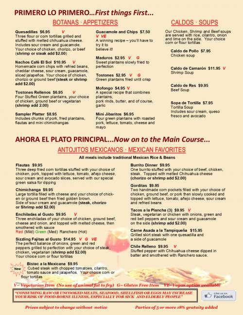 Café El Sol menu in Milwaukee, Wisconsin, USA