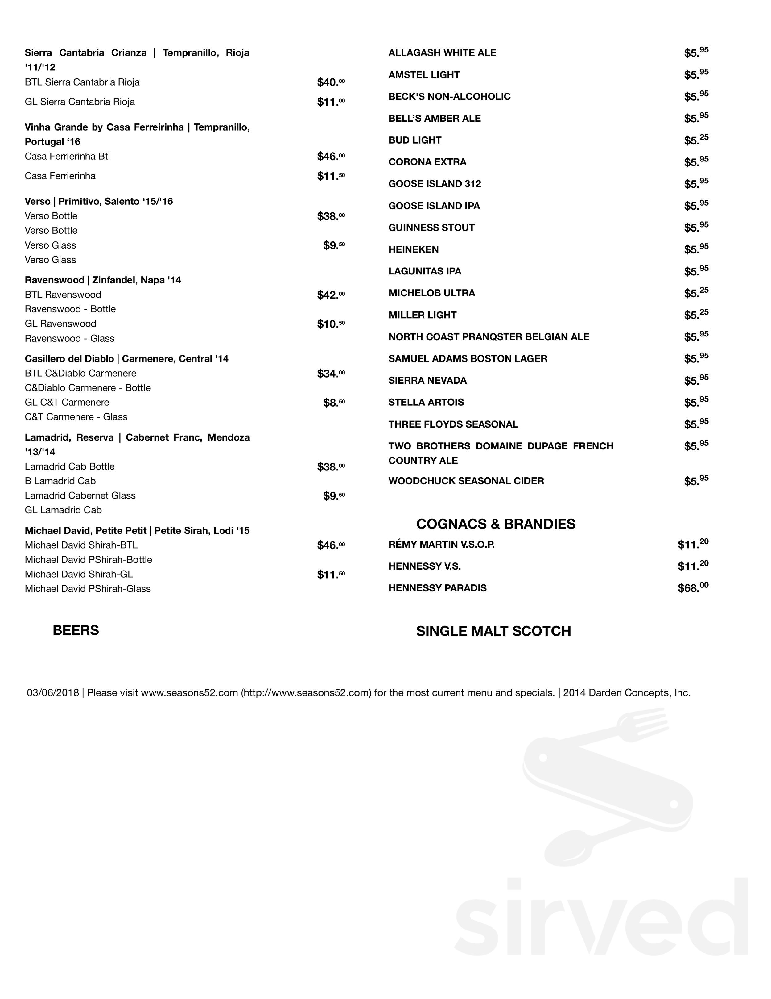 Seasons 52 menu in Hanover, New Jersey, USA