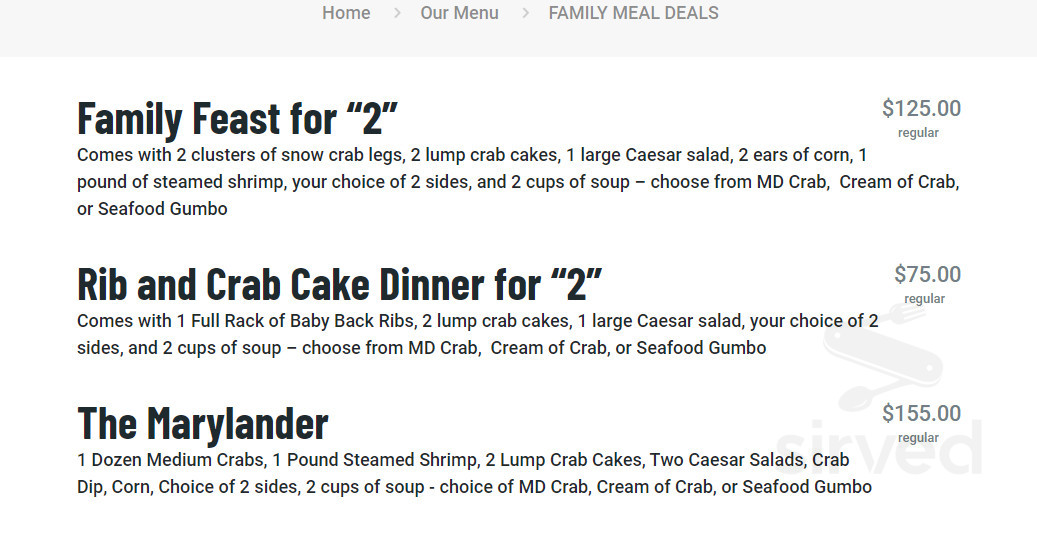 Buddy's Crabs & Ribs menu in Annapolis, Maryland, USA