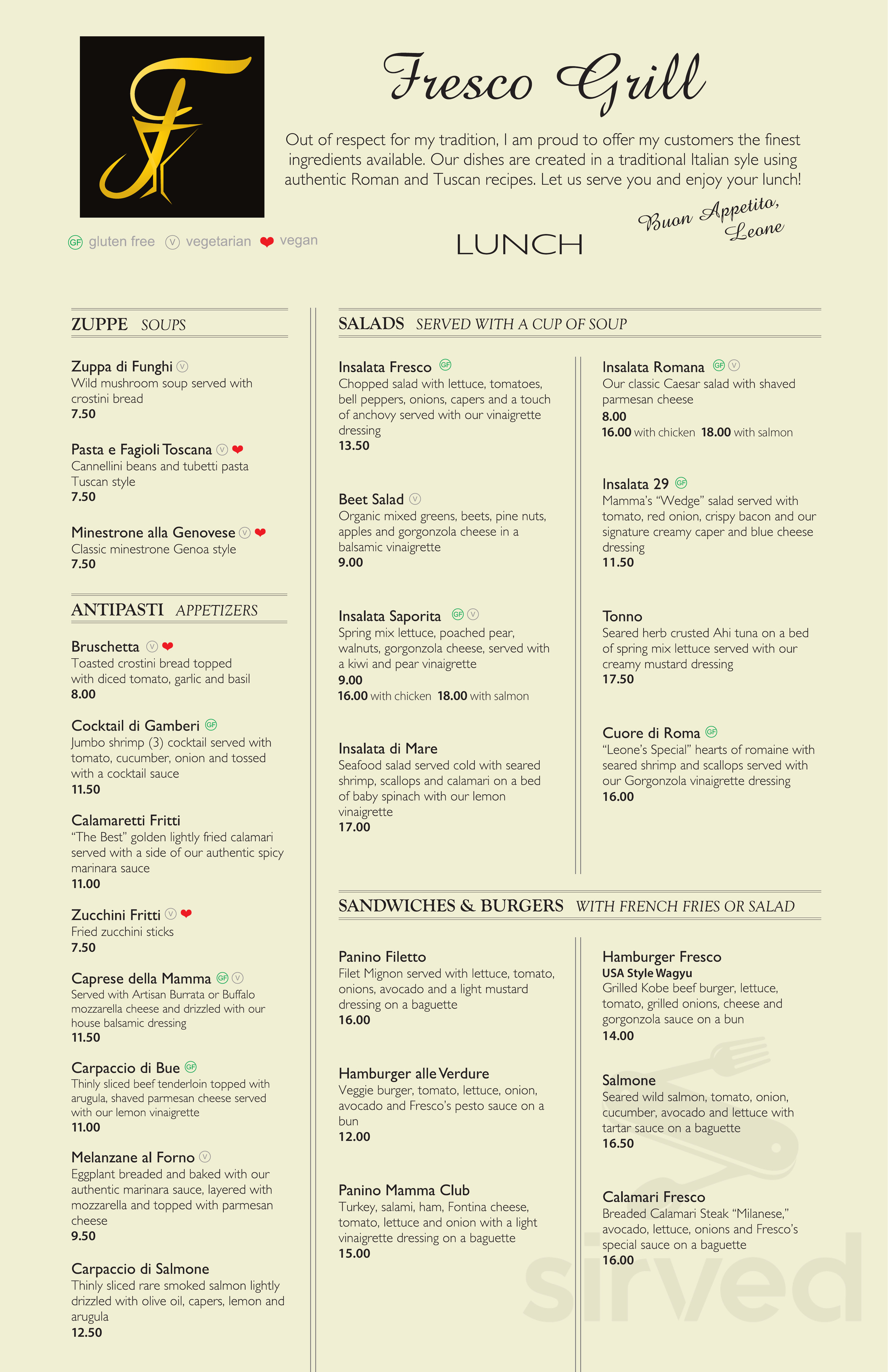 Fresco Grill lunch menu in Bonsall, California