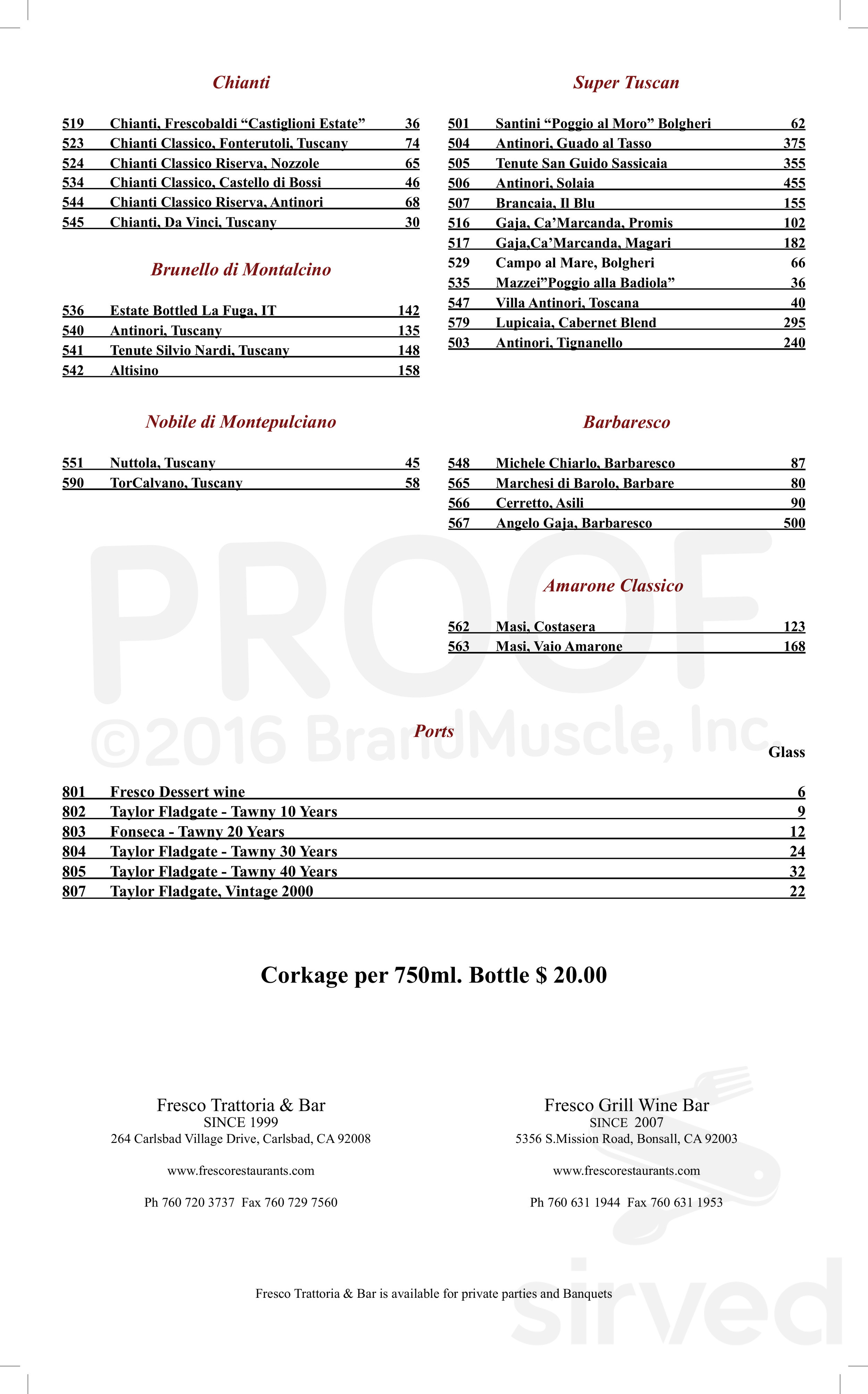 Fresco Grill drink menu in Bonsall, California