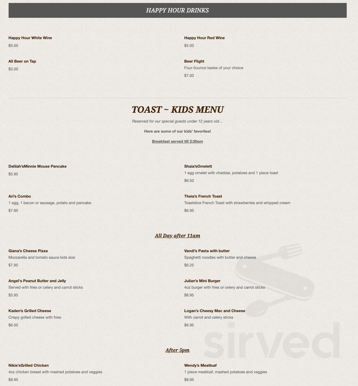 Toast Restaurant menu in Novato, California, USA