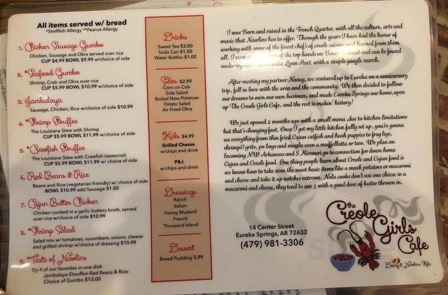 The Creole Girls Cafe menu in Eureka Springs, Arkansas, USA