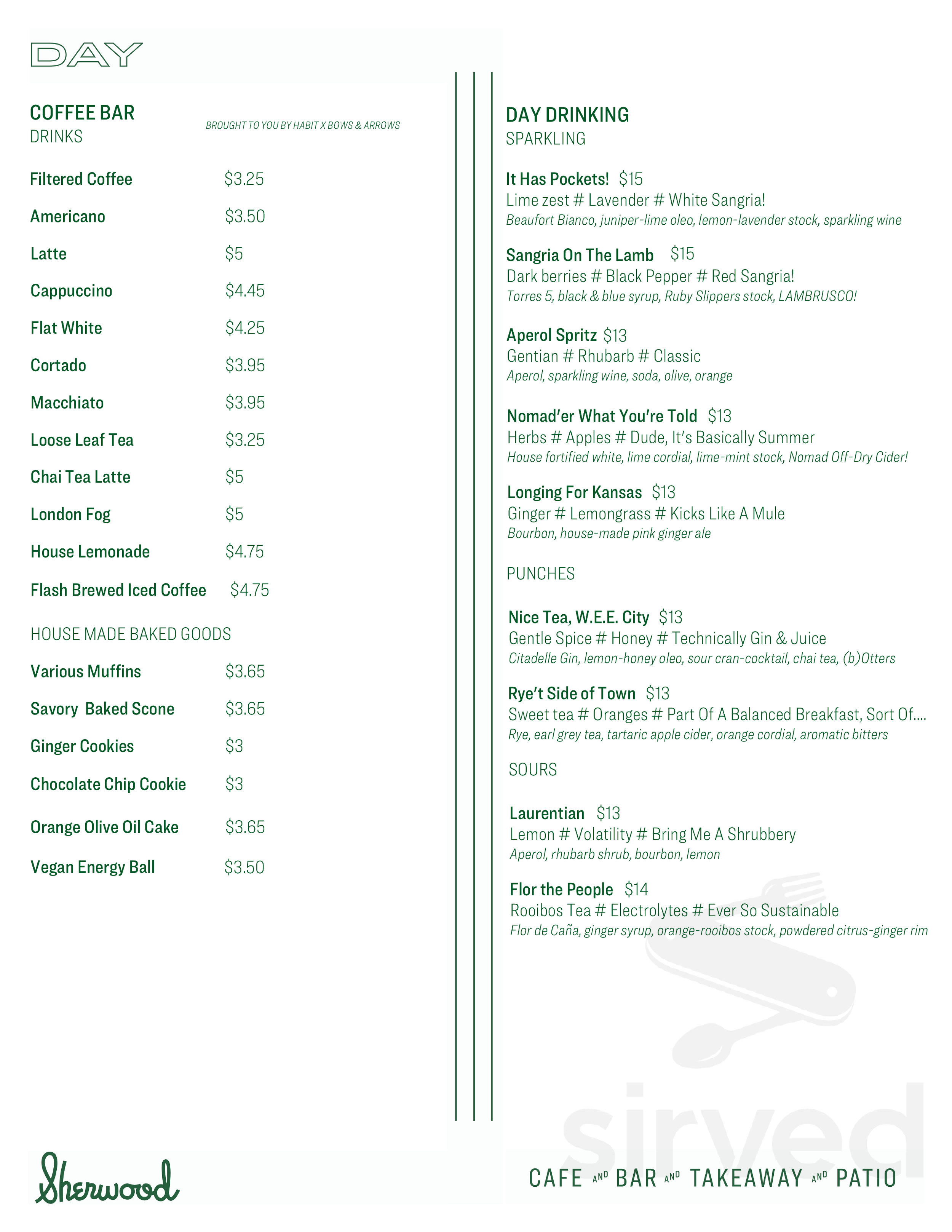 Sherwood drink menu in Victoria, British Columbia
