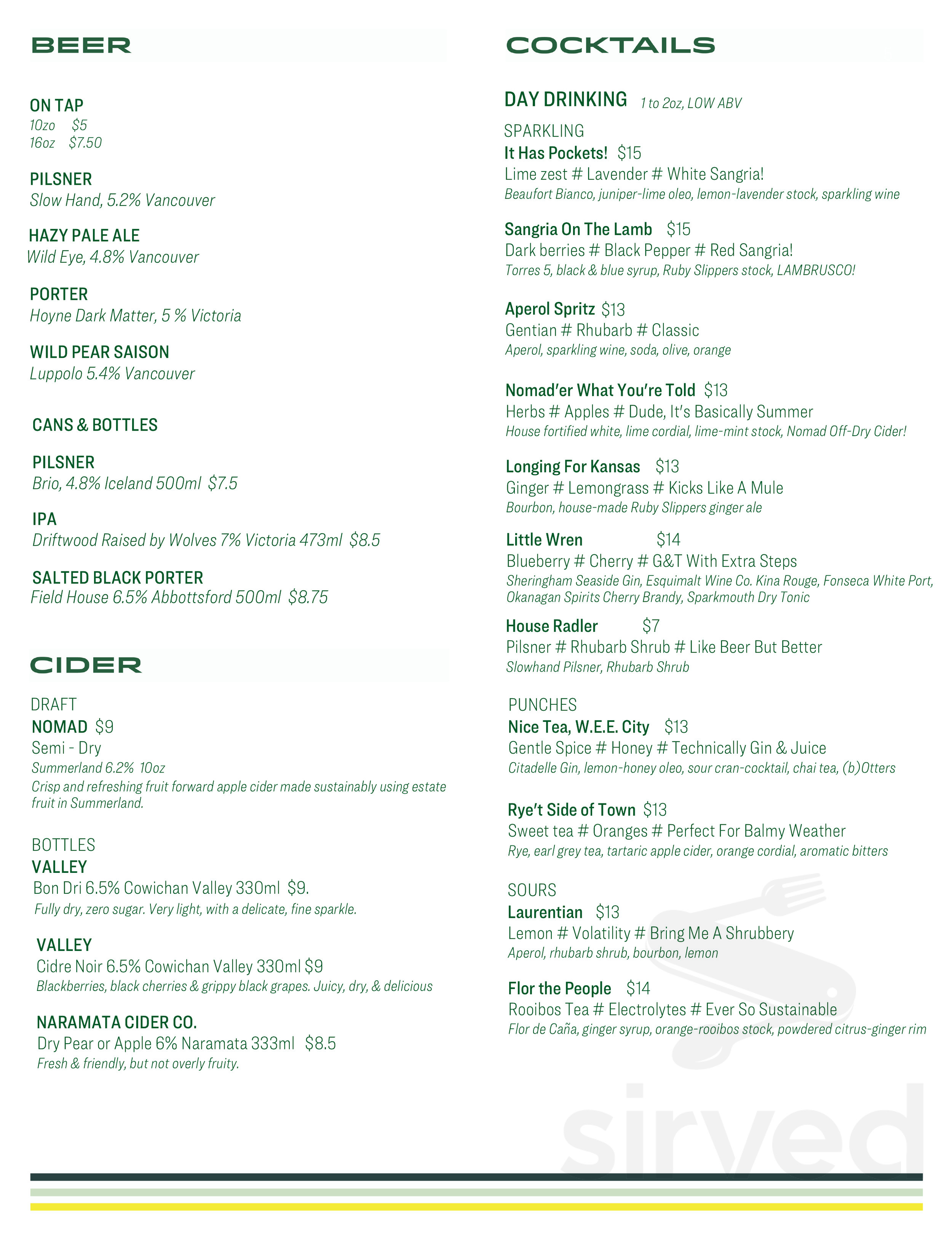 Sherwood drink menu in Victoria, British Columbia