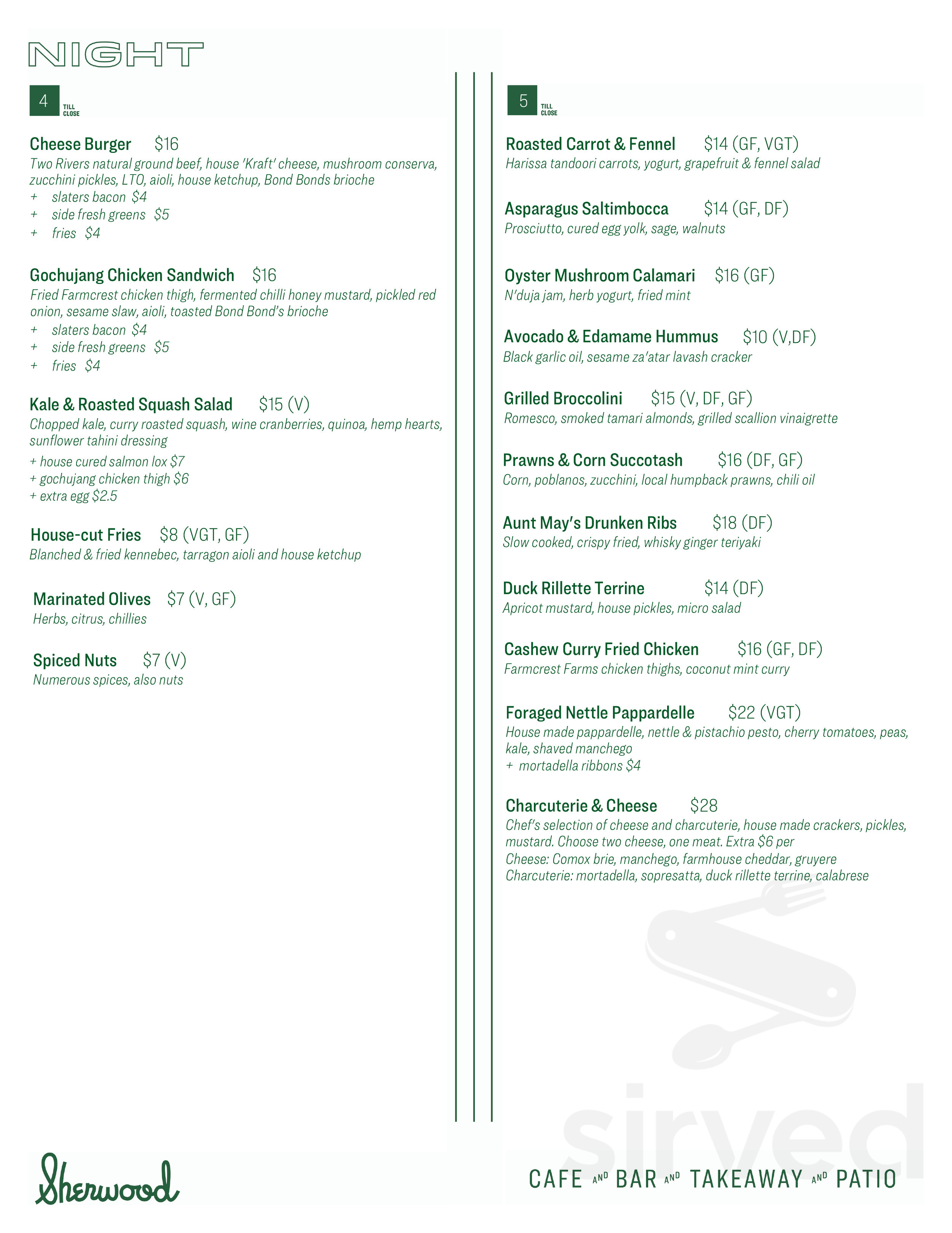 Sherwood menu in Victoria, British Columbia