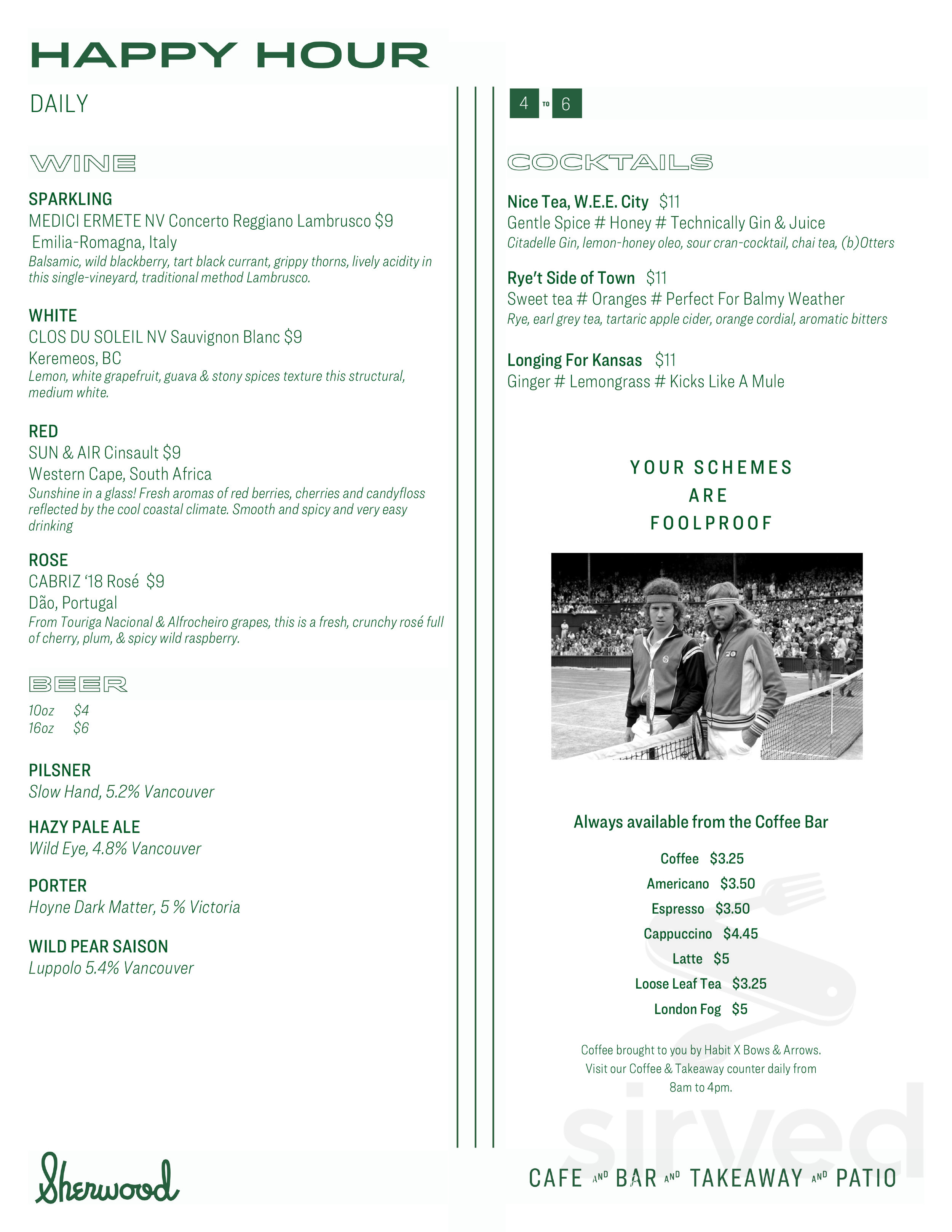 Sherwood happy hour menu in Victoria, British Columbia