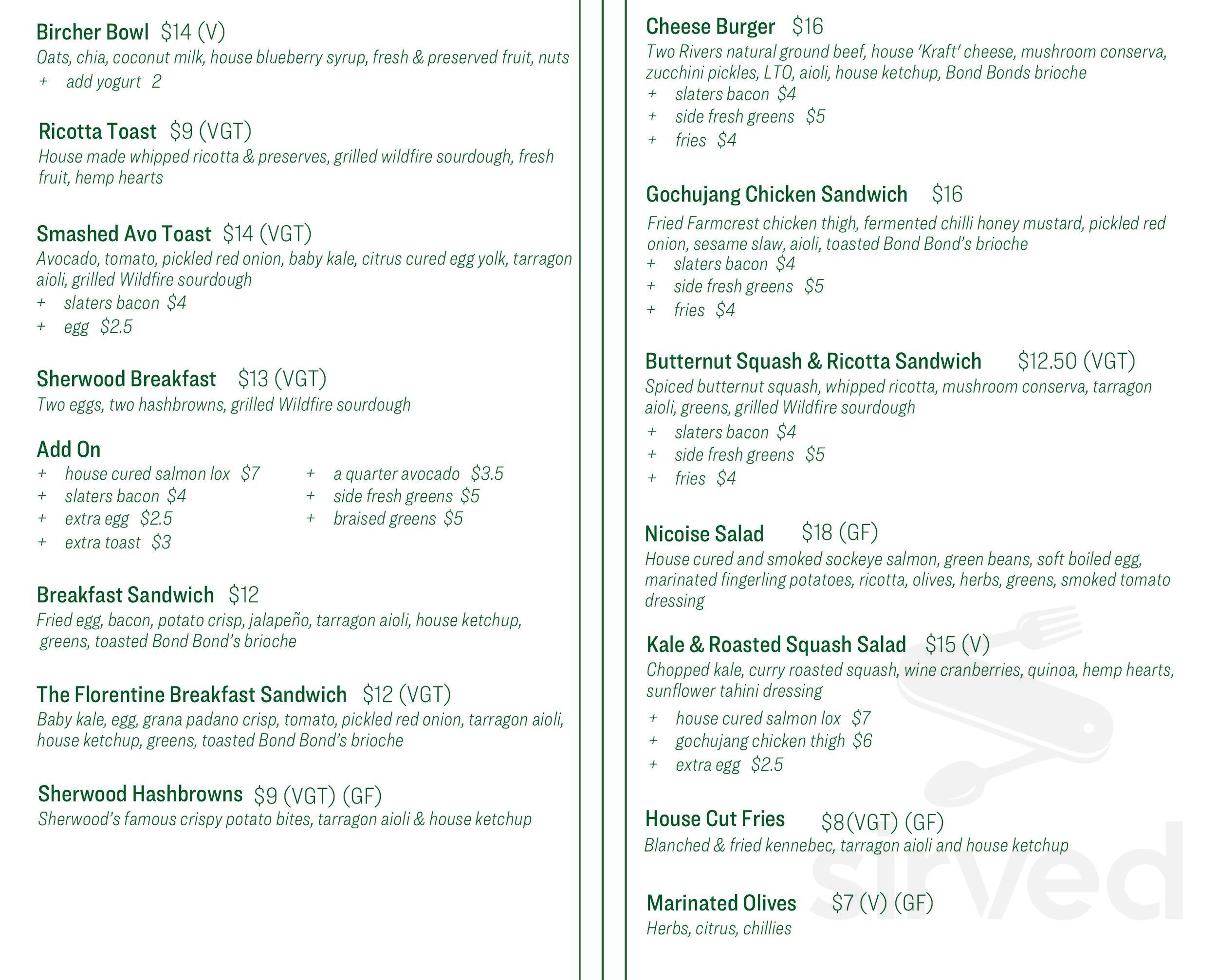 Sherwood menu in Victoria, British Columbia