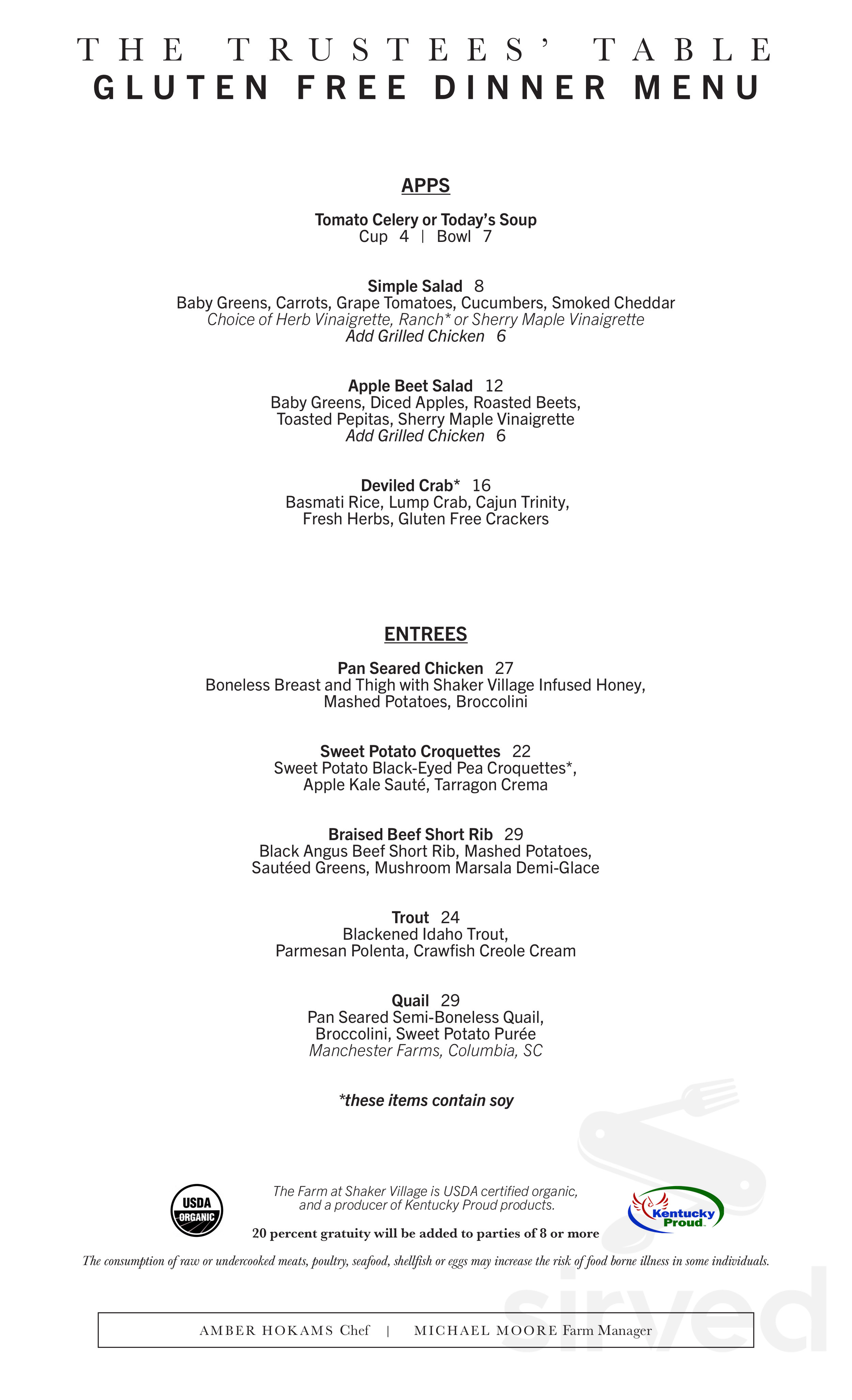 Shaker Village of Pleasant Hill menu in Harrodsburg, Kentucky, USA