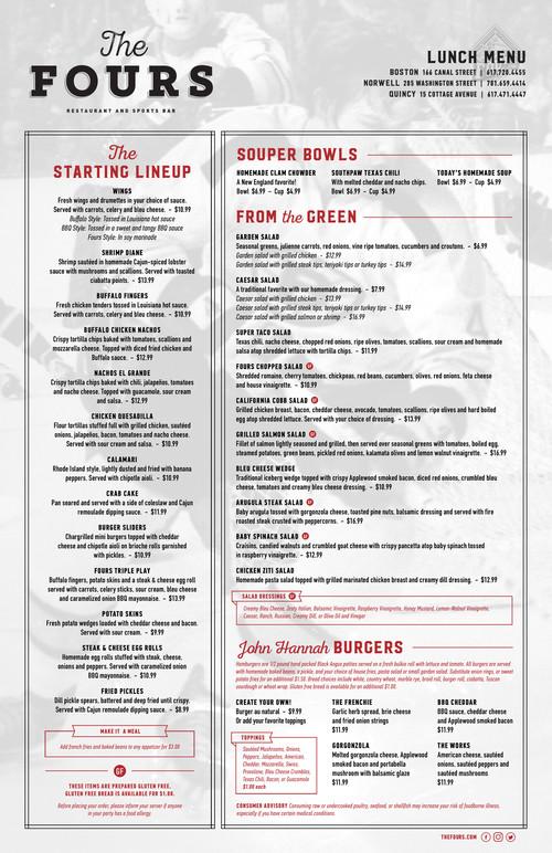 The Four's Restaurant & Sports Bar menu in Boston, Massachusetts, USA