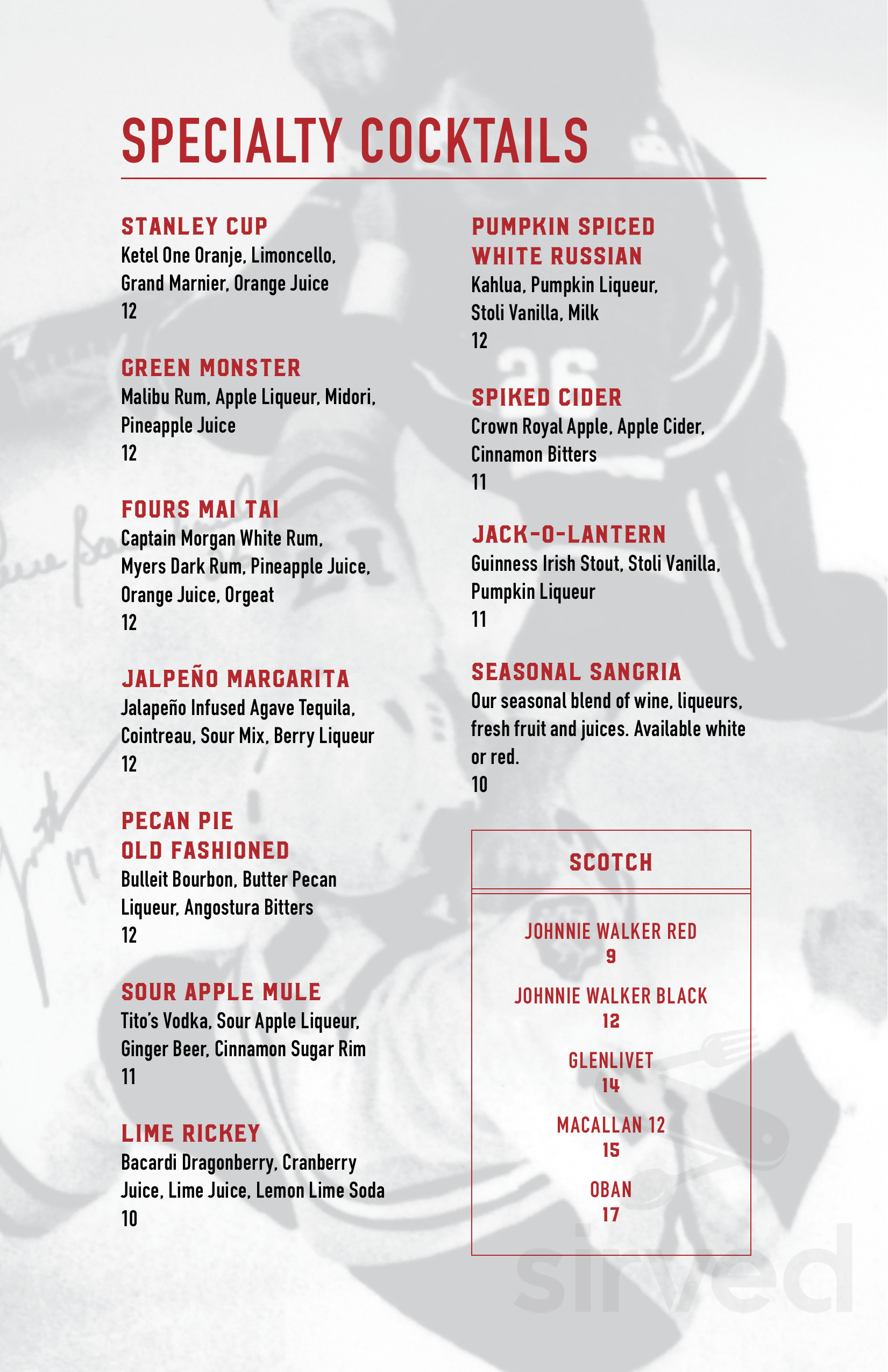 The Four's Restaurant & Sports Bar menu in Boston, Massachusetts, USA