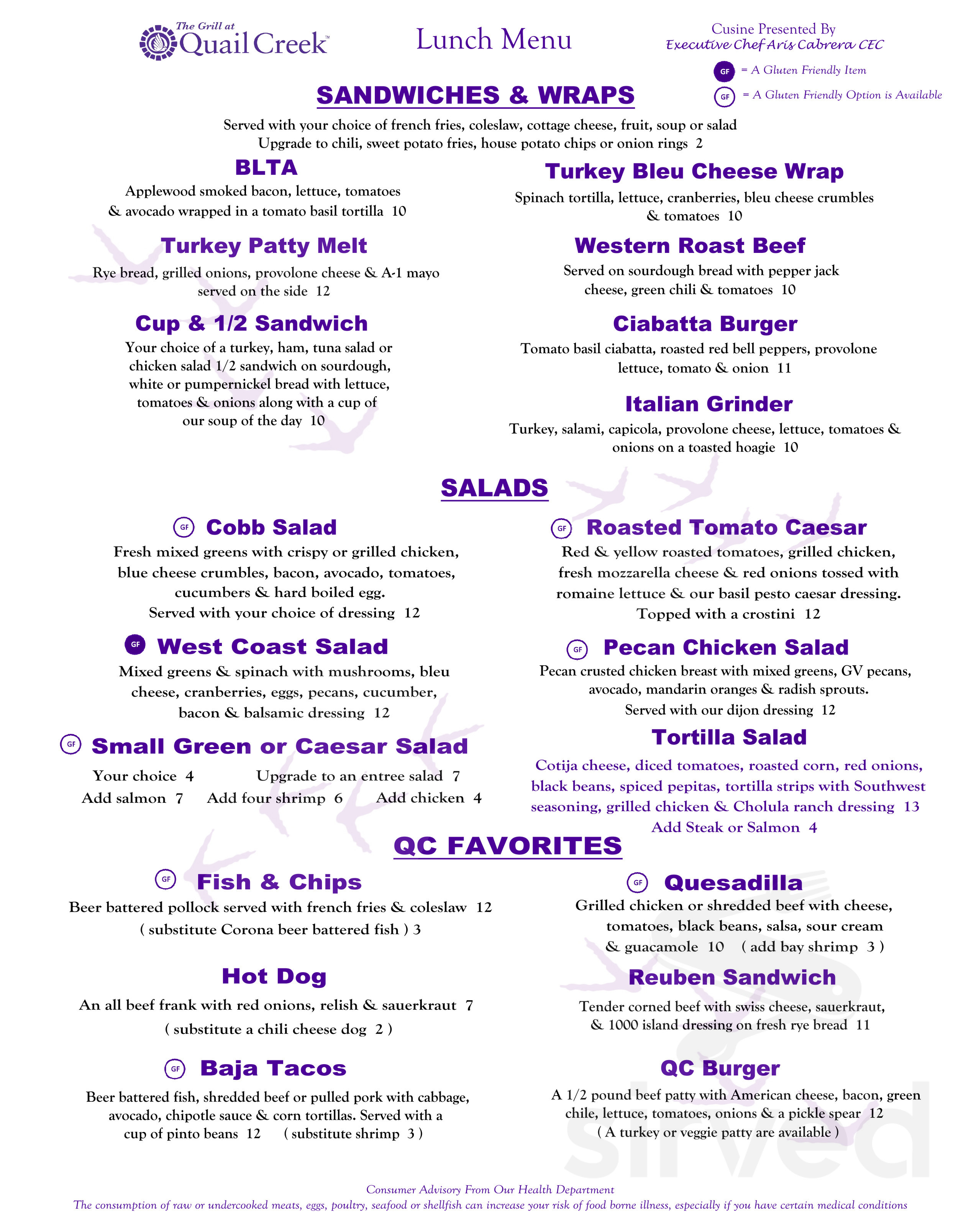 The Grill at Quail Creek menu in Green Valley, Arizona, USA