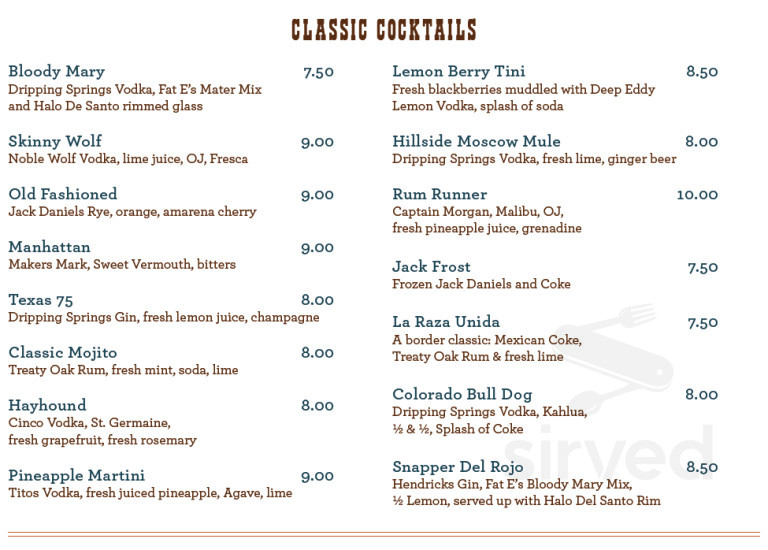 Menu for Hays City Store & Ice House in Driftwood, TX Sirved