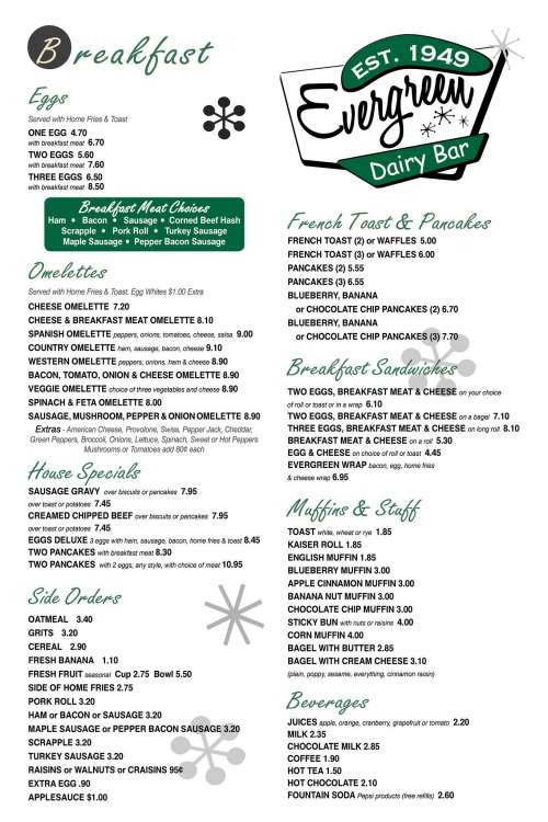 Evergreen Dairy Bar menu in Southampton Township, New Jersey, USA