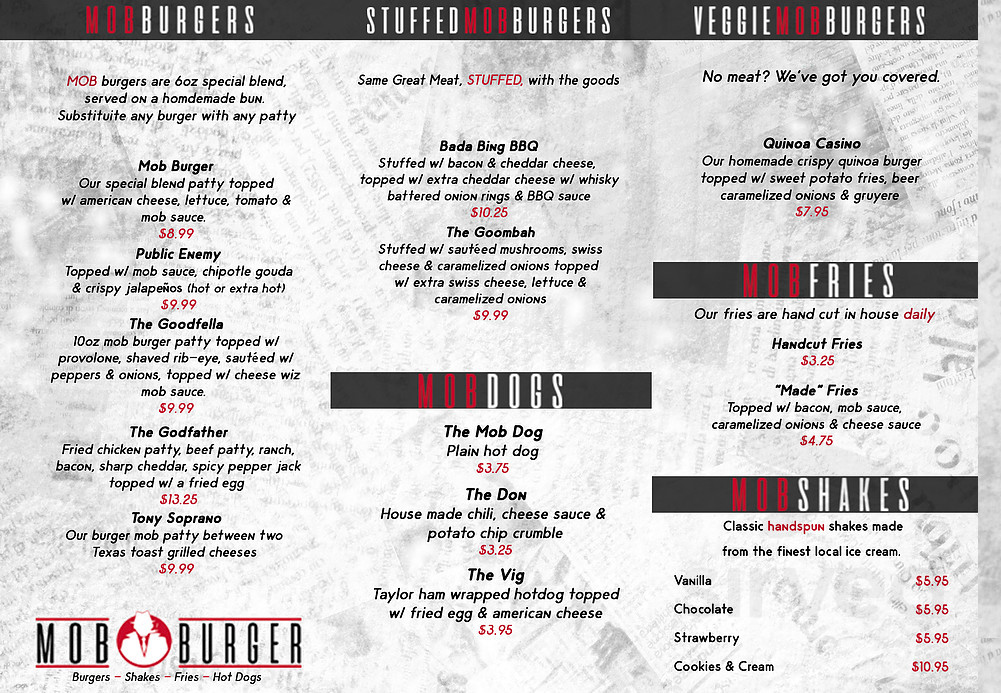 Mob Burger menu in Wood-Ridge, New Jersey
