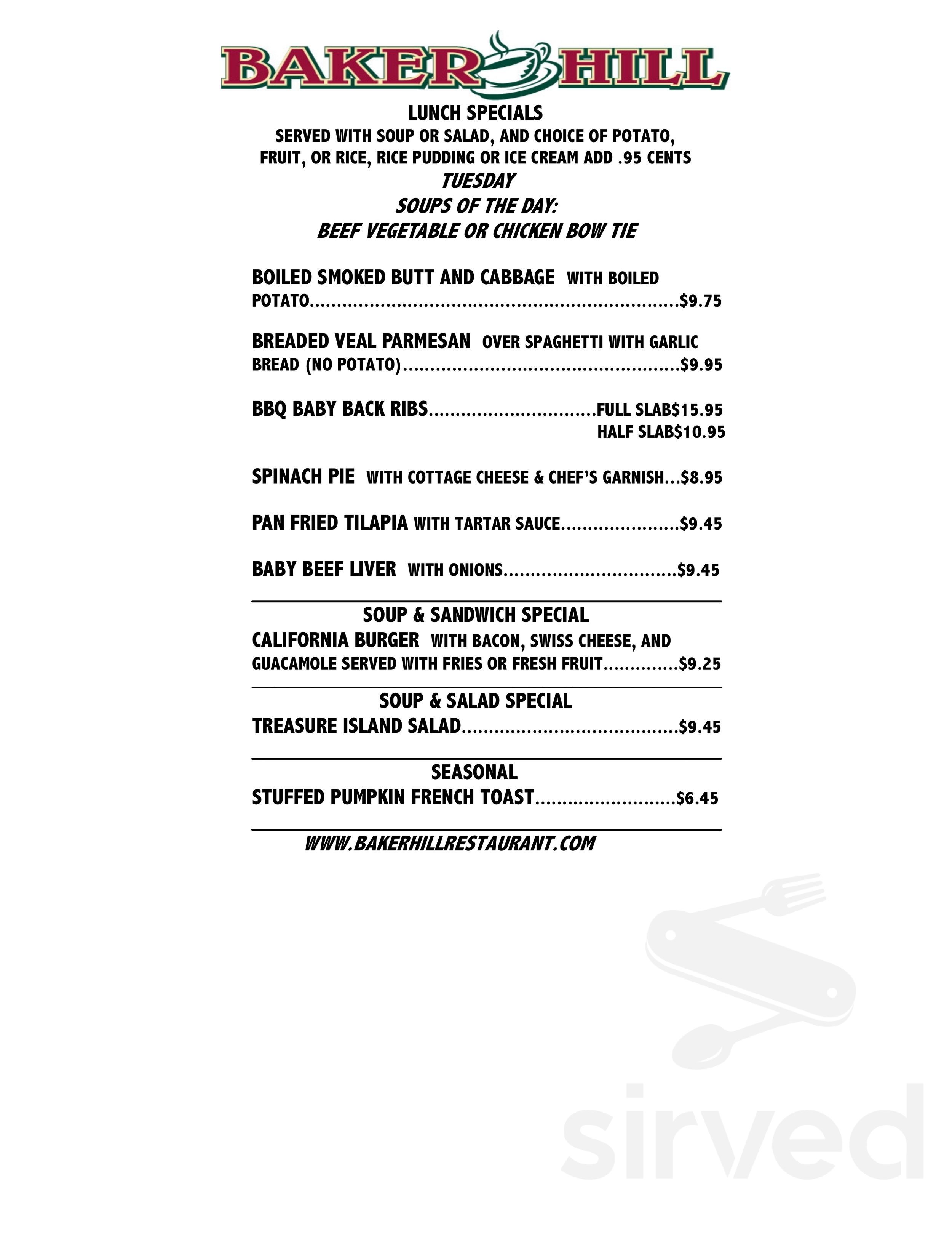 Baker Hill Pancake House menu in Elgin, Illinois, USA
