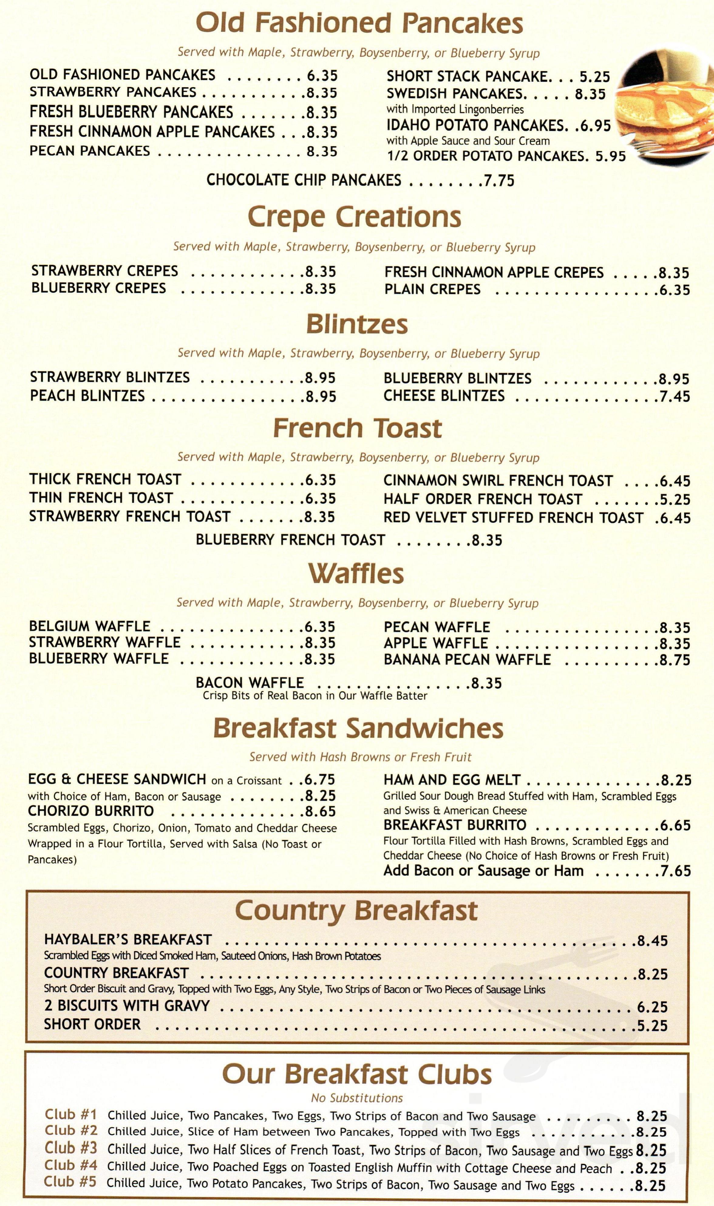 Baker Hill Pancake House menu in Elgin, Illinois, USA