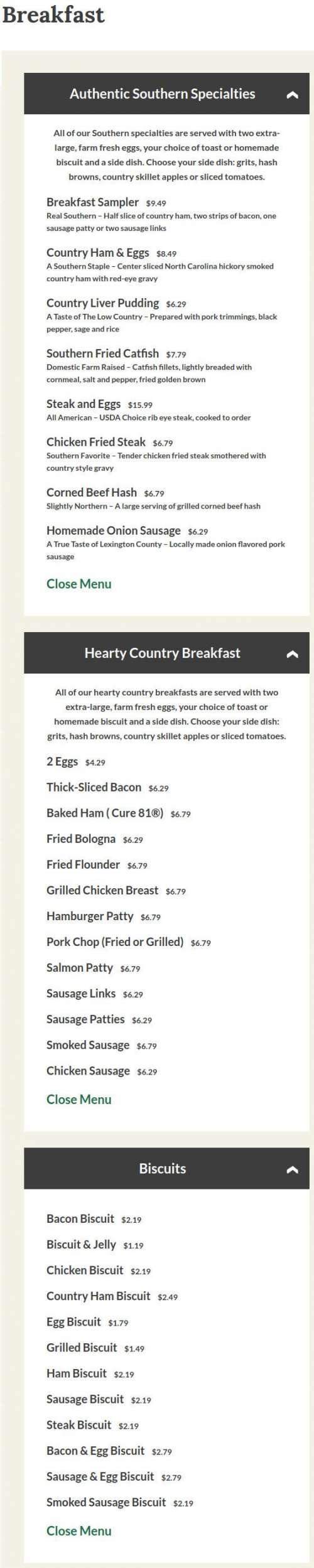 Lizard's Thicket Restaurant menu in Cayce, South Carolina, USA