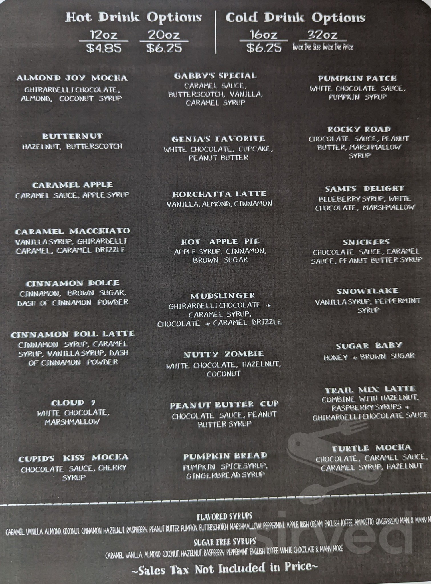 Mudslingers Drive Thru Coffee menu in Indianola, Iowa, USA