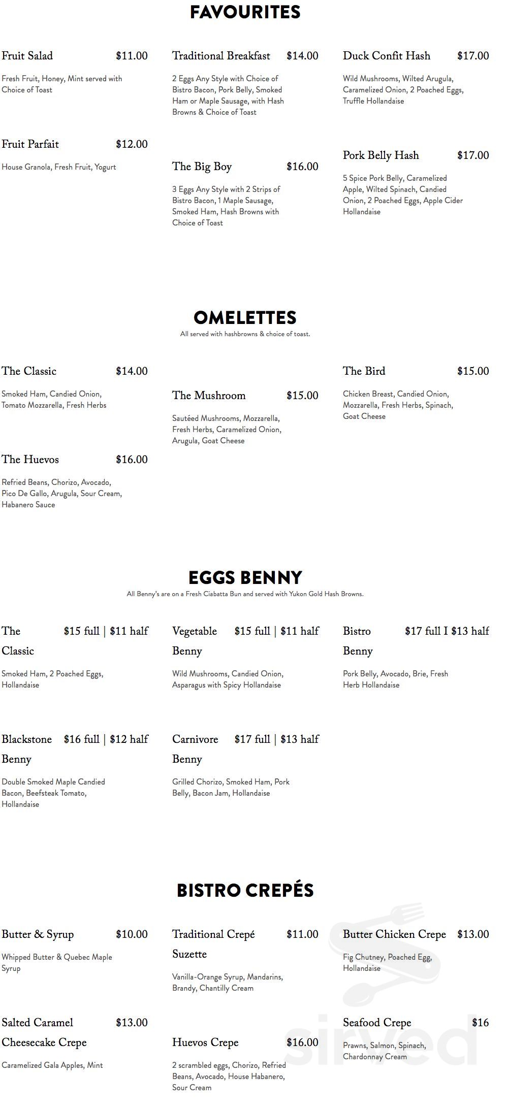 Artisan Bistro menu in Victoria, British Columbia
