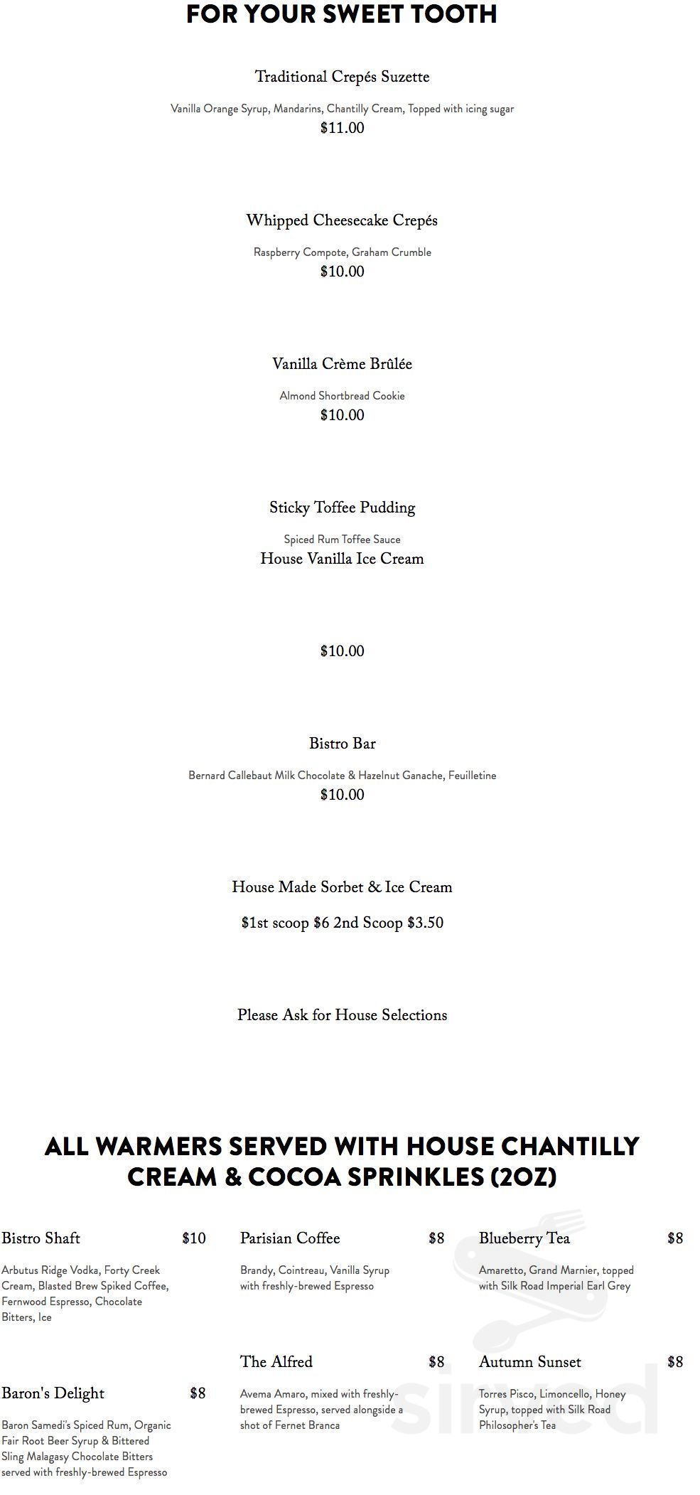 Artisan Bistro dessert menu in Victoria, British Columbia