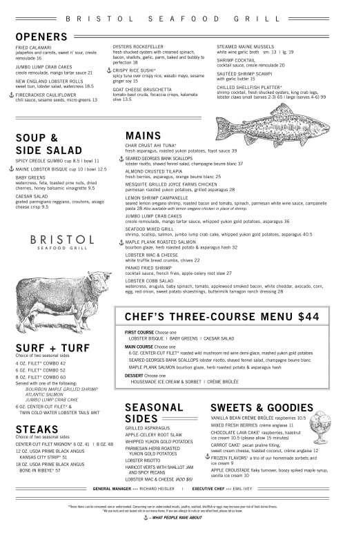 Bristol Seafood + Steak + Social menu in Kansas City, Missouri, USA