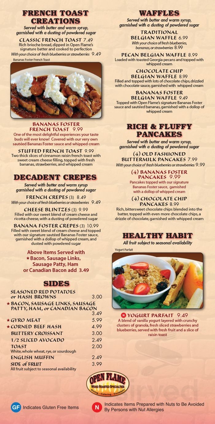 Open Flame menu in Greenfield, Wisconsin, USA