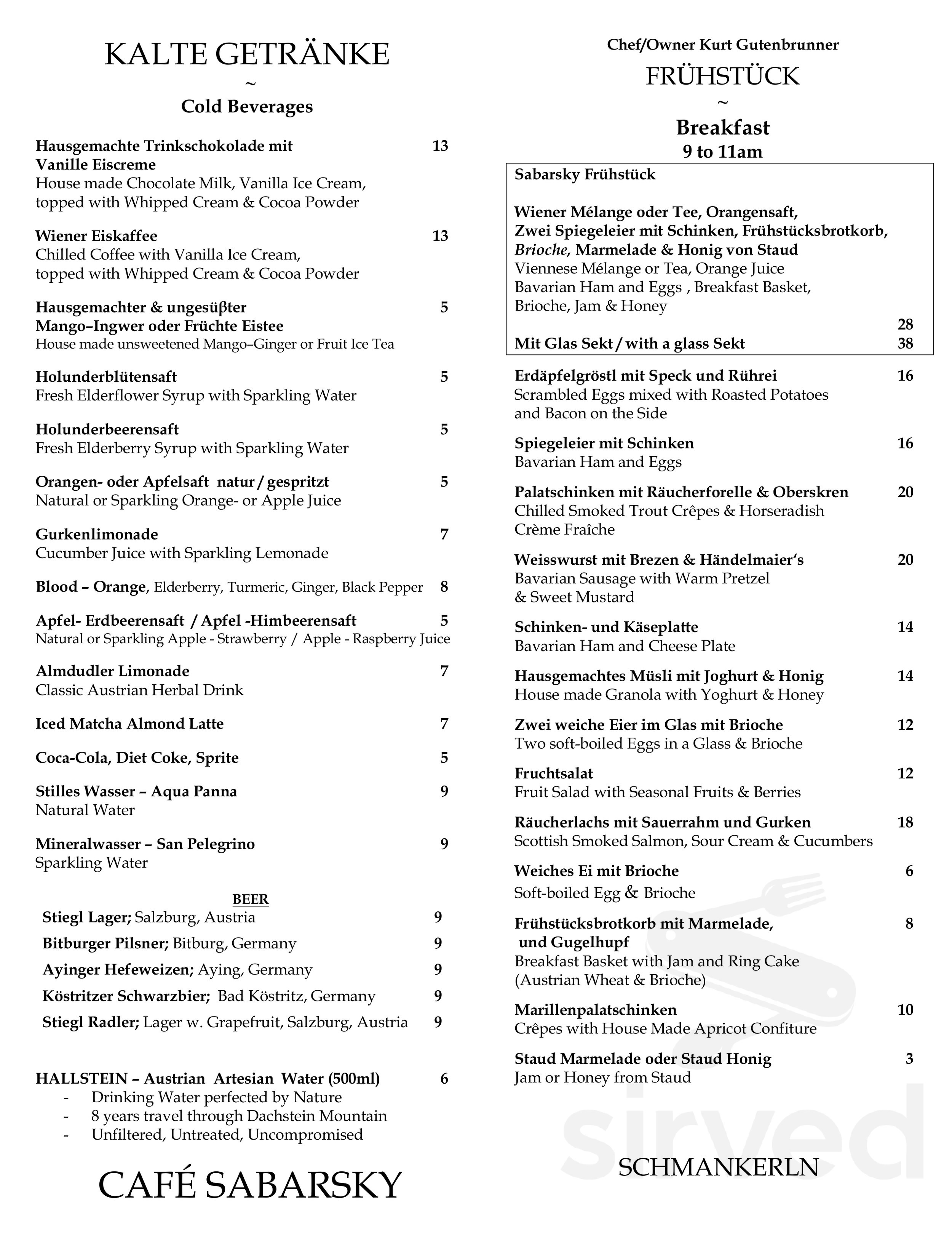 Café Sabarsky menu in New York, New York, USA