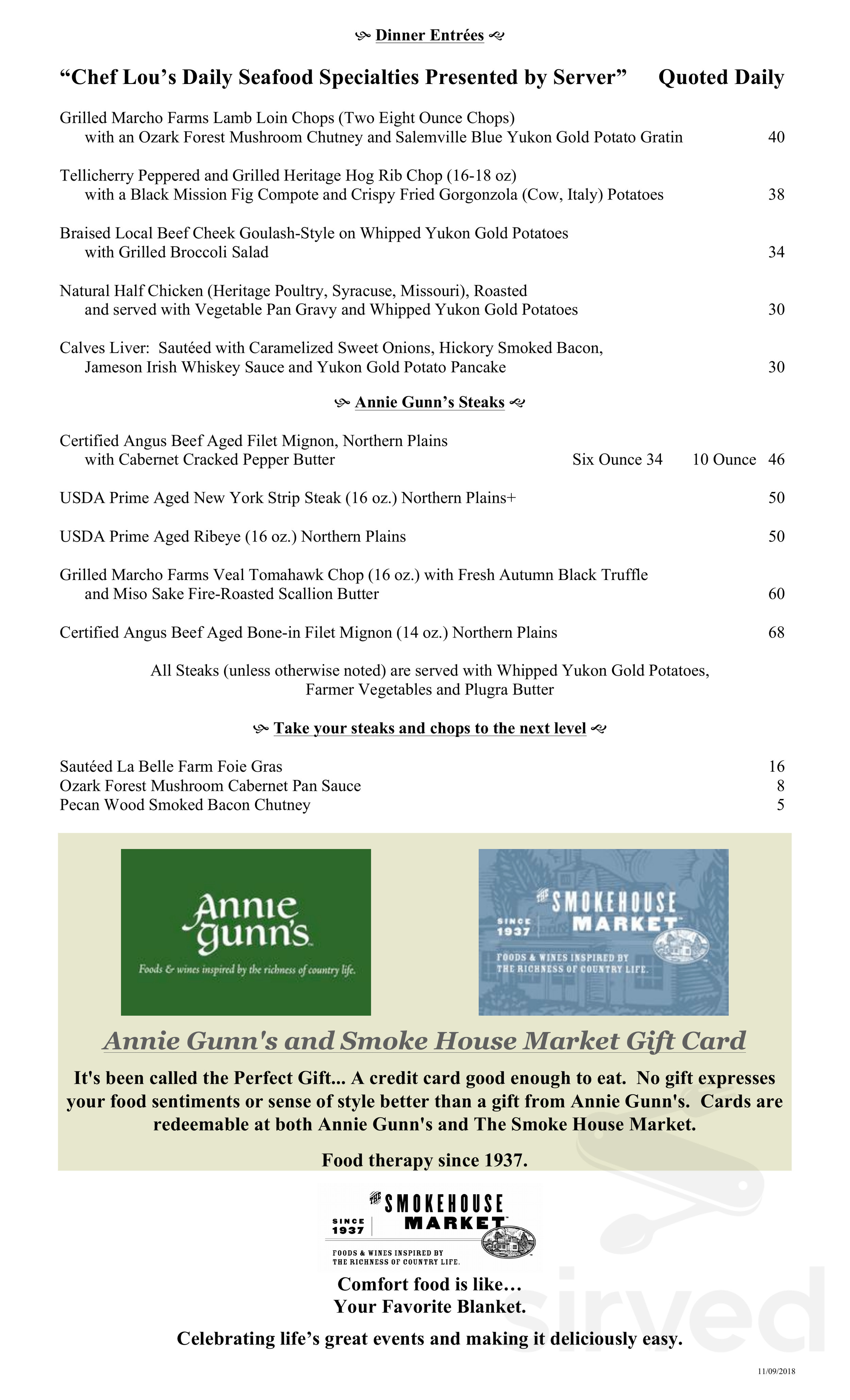 Annie Gunn's Restaurant menu in Chesterfield, Missouri, USA