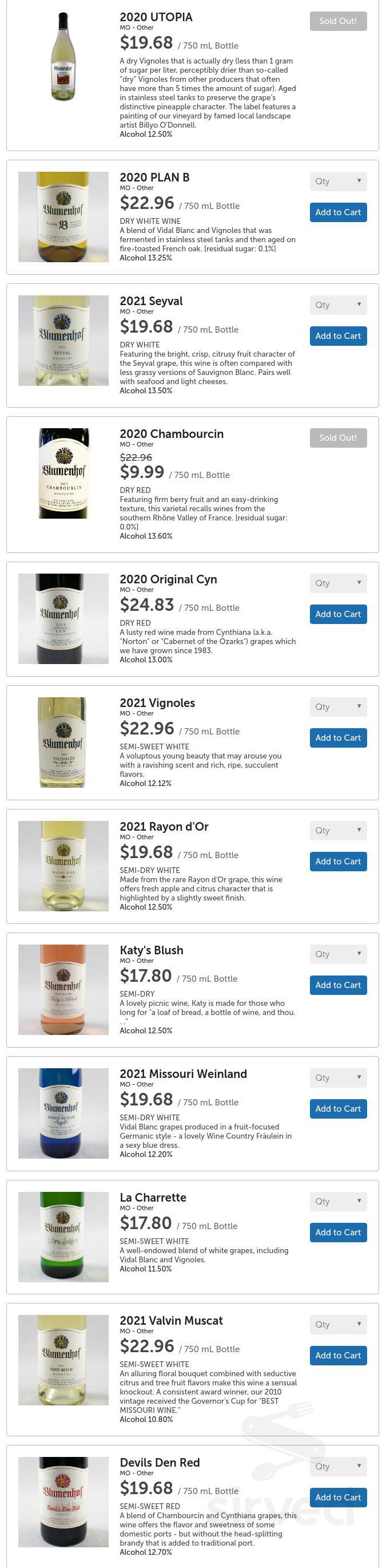 Blumenhof Winery menu in Dutzow, Missouri, USA