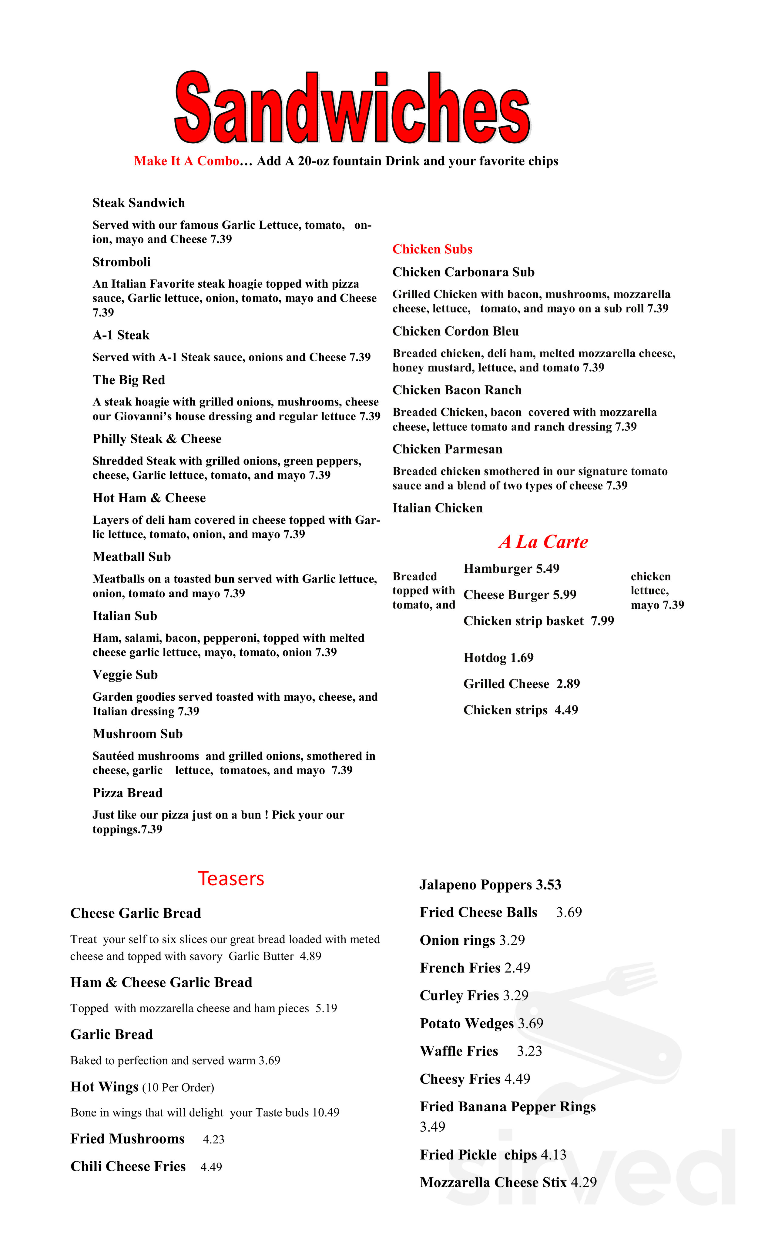 Giovanni's Pizza menu in Hazard, Kentucky, USA