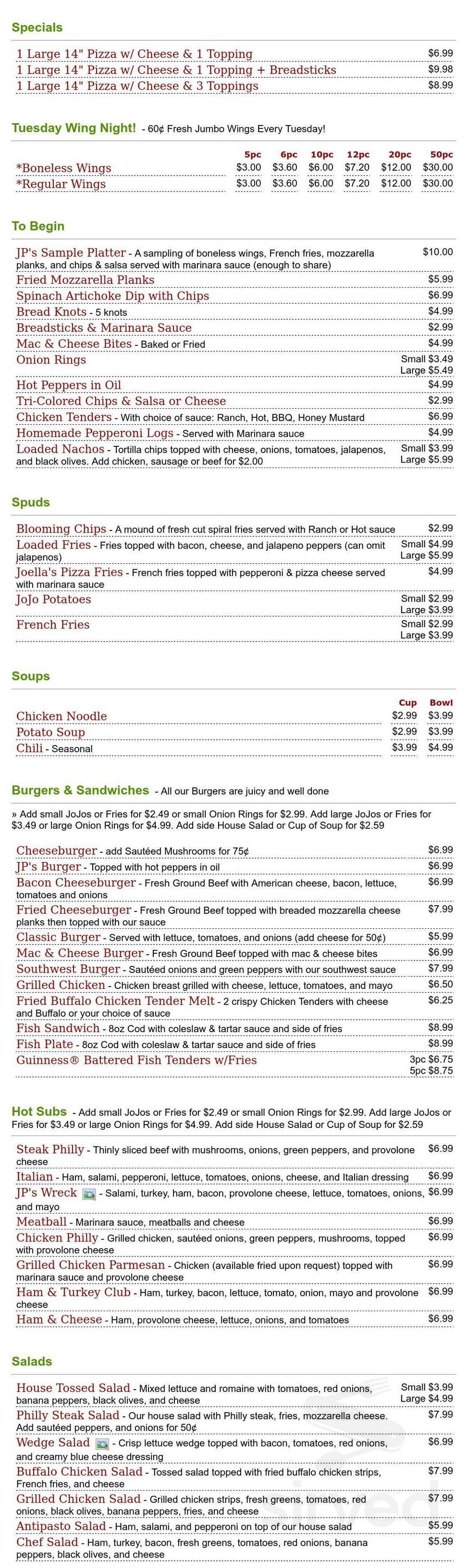 JP's Pizzeria & Grill menus in Calcutta, Ohio, United States