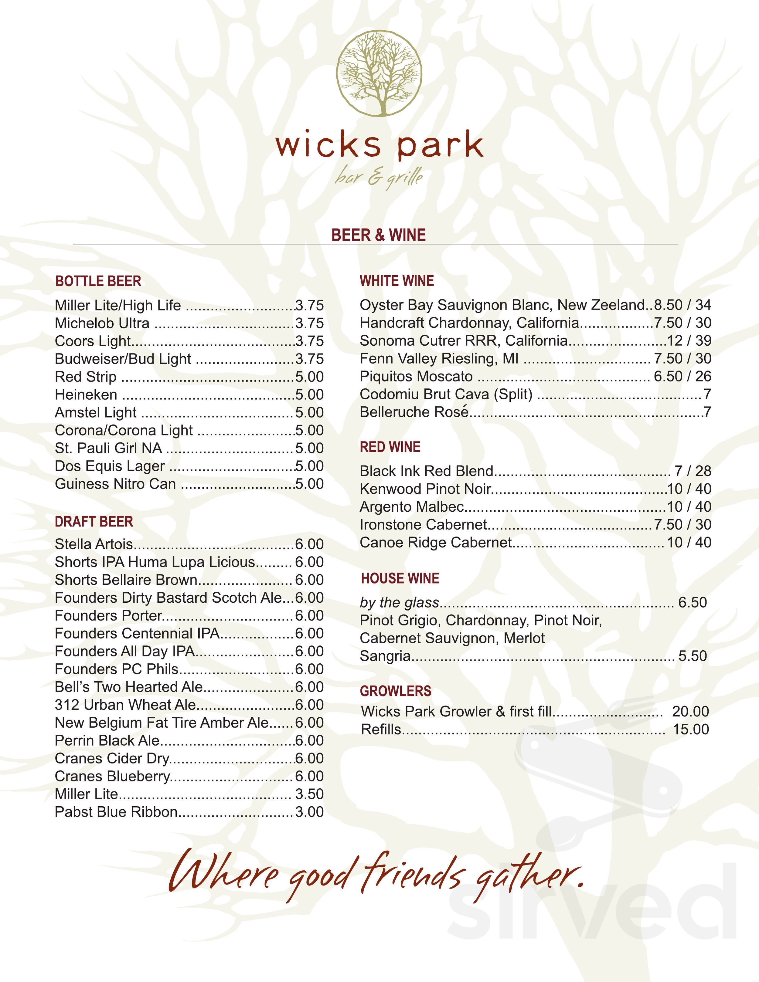 Wicks Park Bar & Grille menu in Saugatuck, Michigan, USA