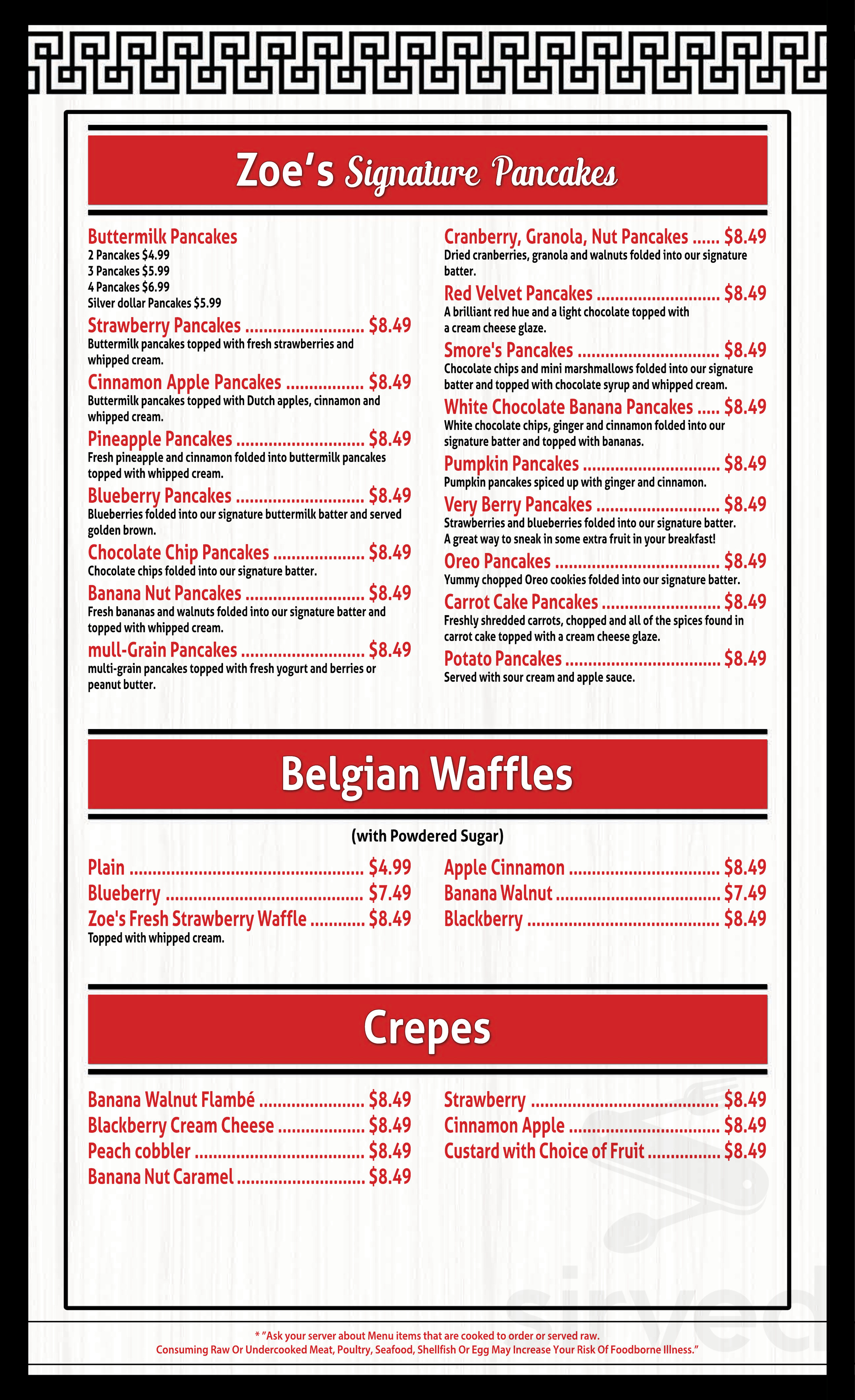 Zoe's House of Pancakes Menu - Royal Oak, Michigan | Sirved