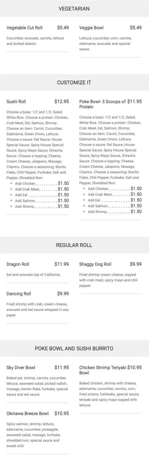 Okina Sushi Burrito menu in Sugar Land, Texas, USA
