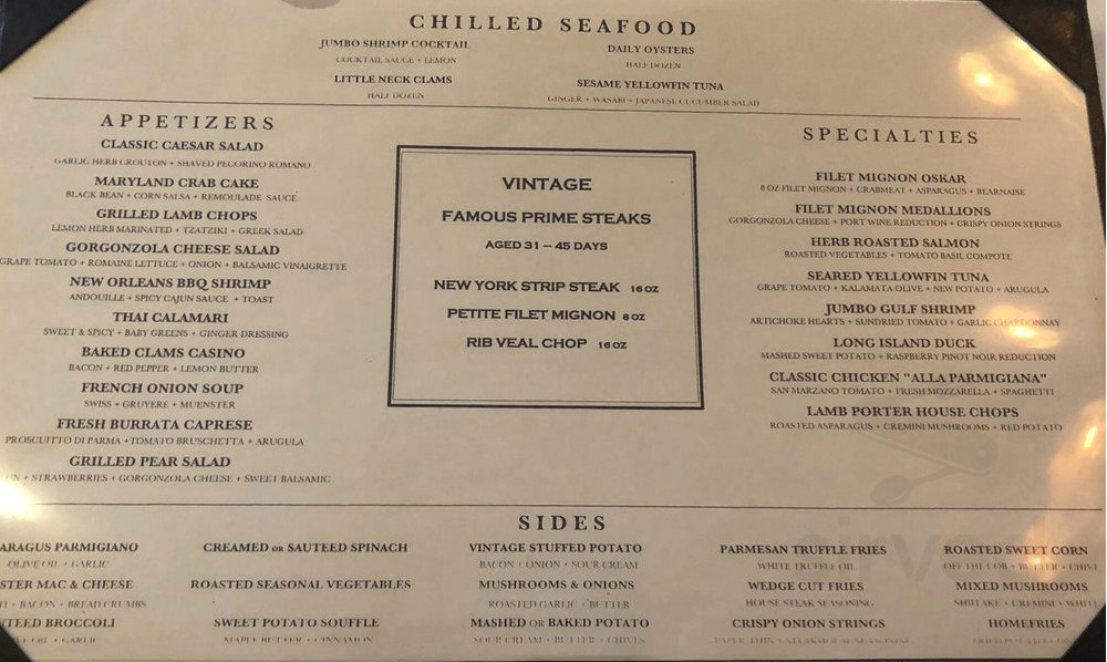 Vintage Steak House menu in St James, New York, USA
