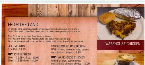 The Warehouse Fish And Steak House Menu