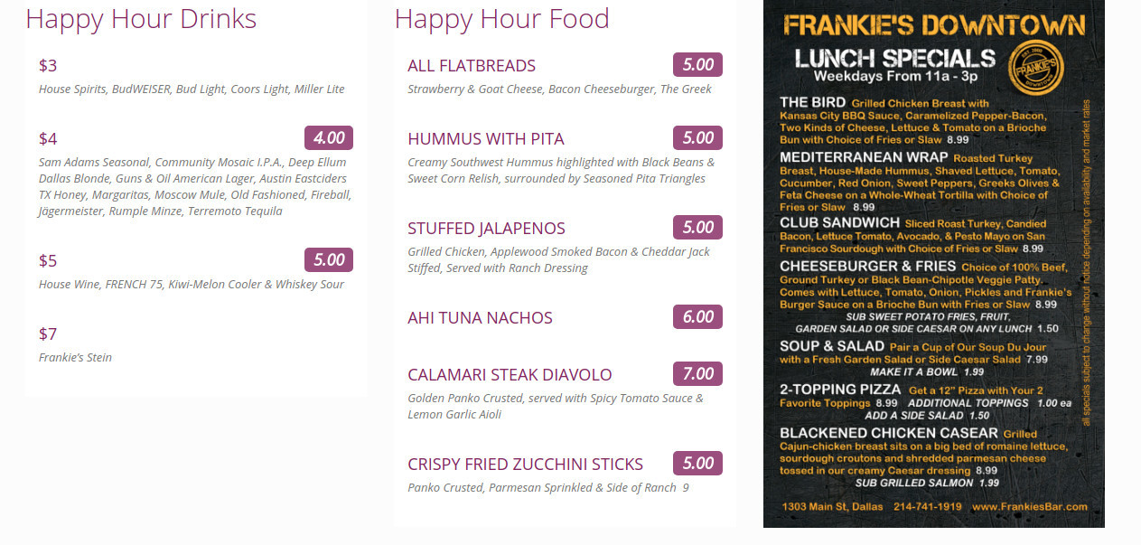 Frankie's Downtown menu in Dallas, Texas, USA
