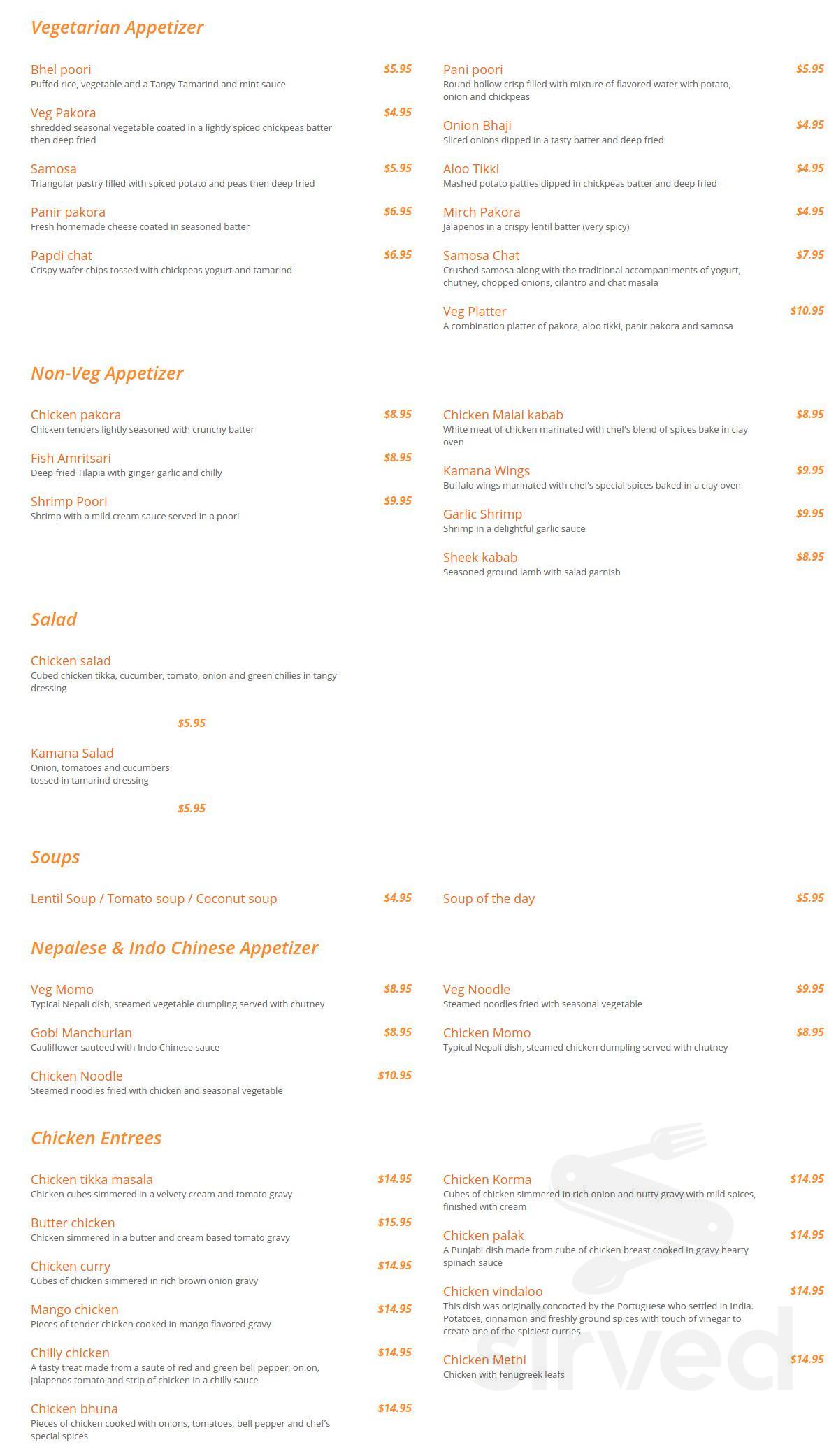 Kamana menu in Guilford, Connecticut, USA