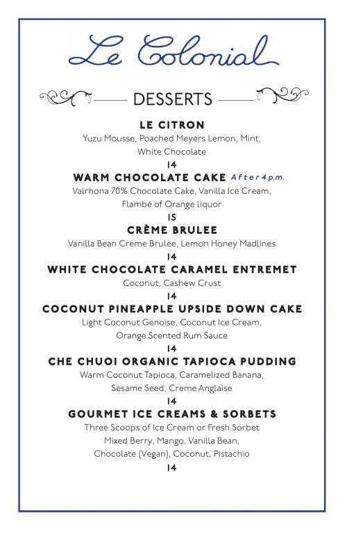 Le Colonial menu in Atlanta, Georgia, USA