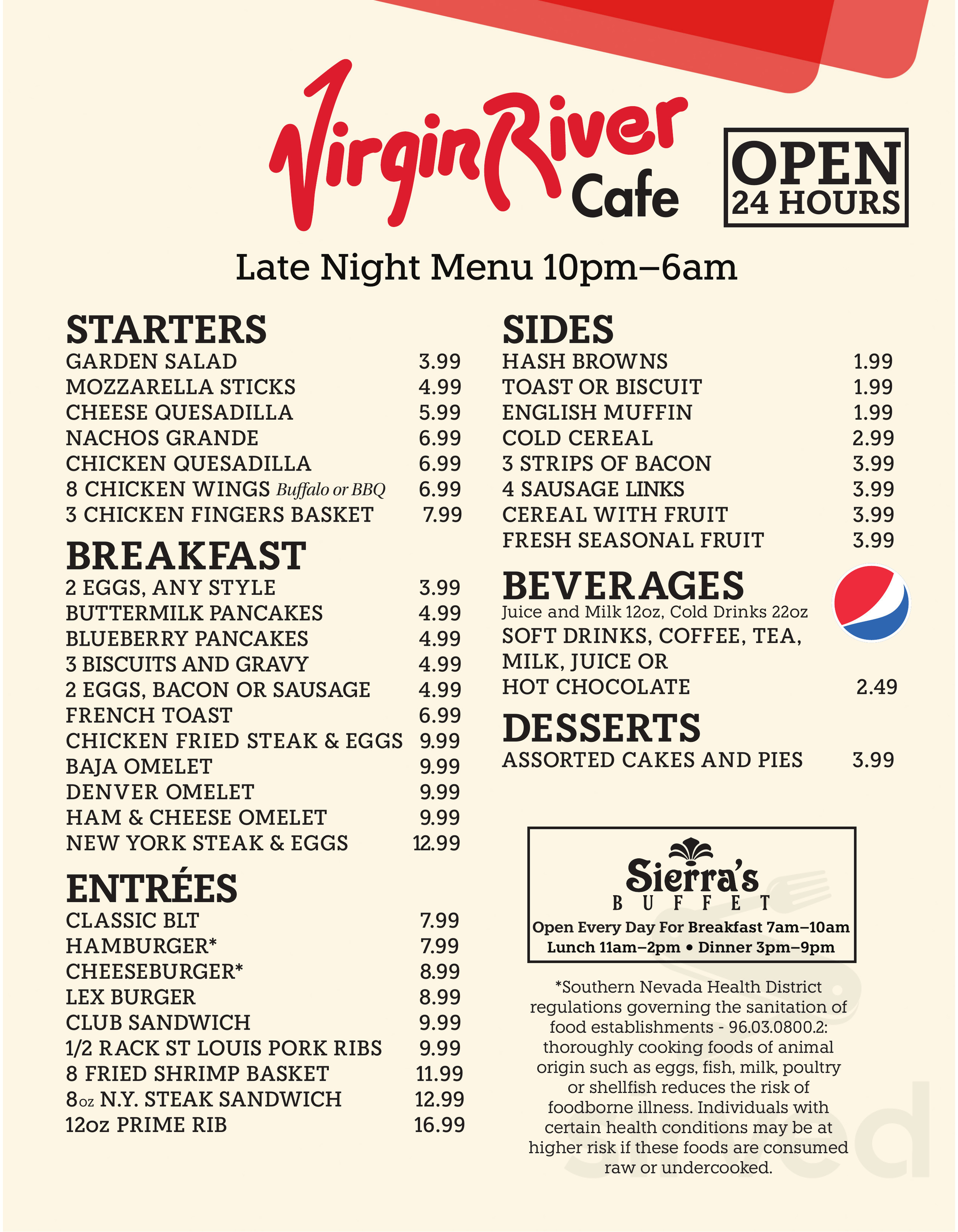 Virgin River Cafe Menus In Mesquite Nevada United States