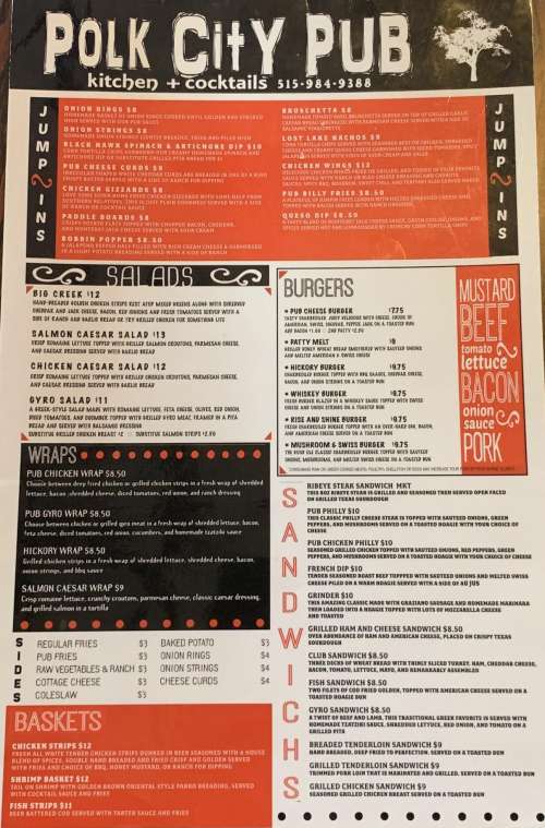 Polk City Pub menu in Polk City, Iowa, USA