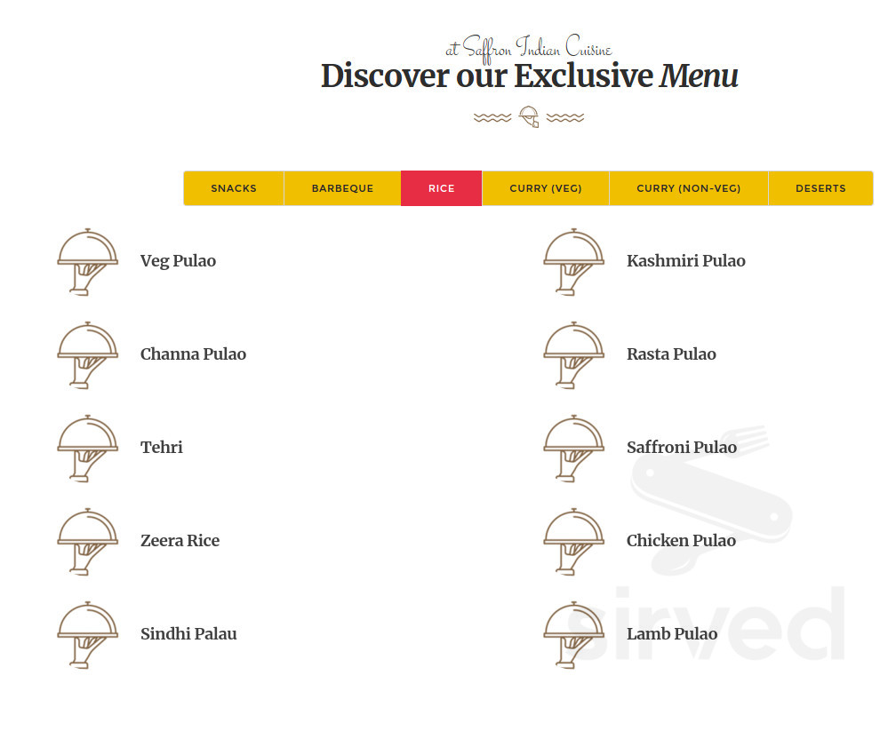 Saffron Indian Cuisine menu in Montgomery, Illinois, USA