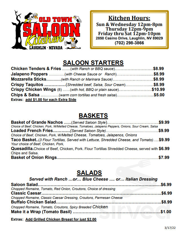 Old Town Saloon menu in Laughlin, Nevada, USA